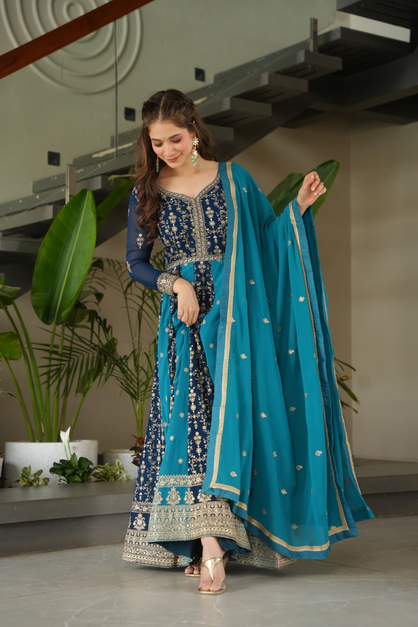 Luxury Faux Looming Rama Gown with Zari & Sequins Embroidery and Matching Dupatta – Kali Pattern Stitching