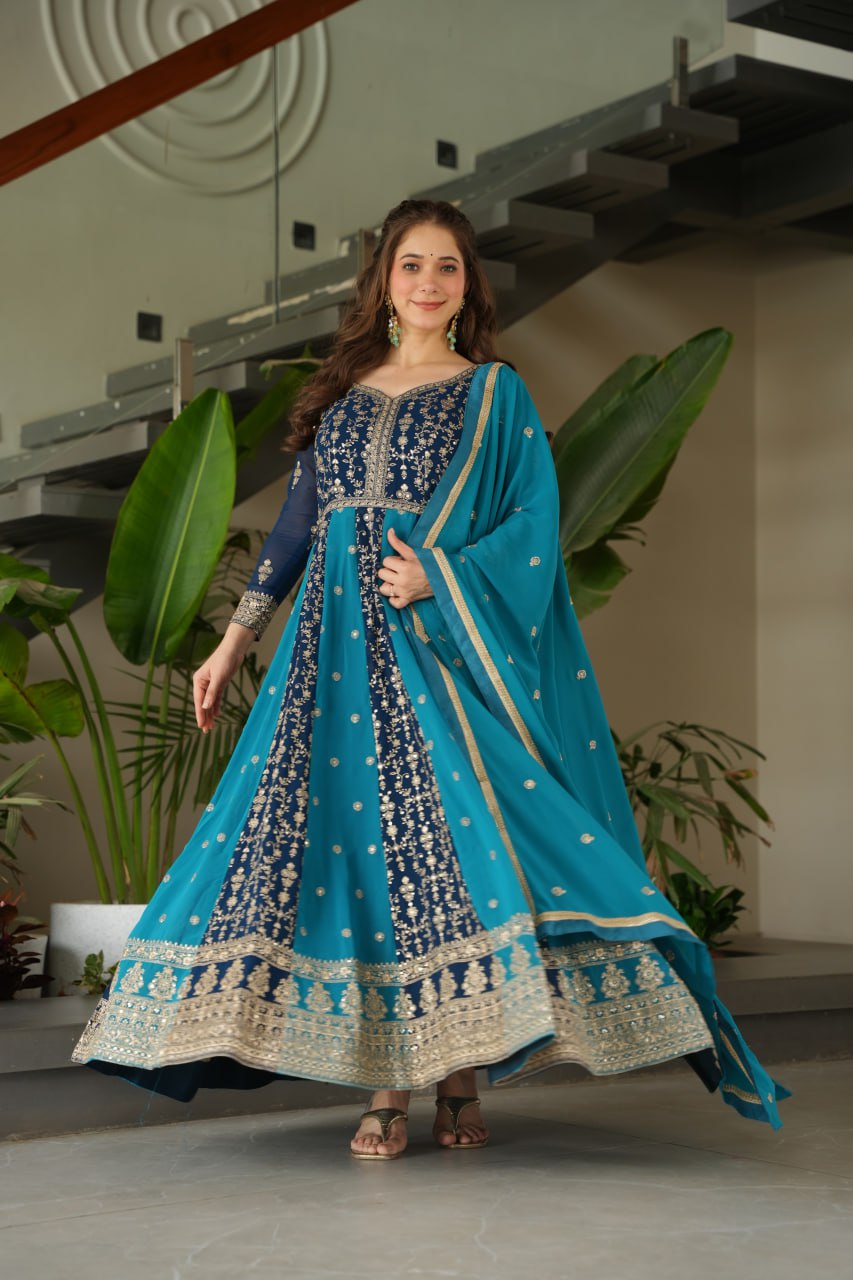 Luxury Faux Looming Rama Gown with Zari & Sequins Embroidery and Matching Dupatta – Kali Pattern Stitching