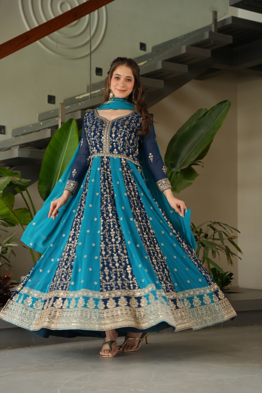 Luxury Faux Looming Rama Gown with Zari & Sequins Embroidery and Matching Dupatta – Kali Pattern Stitching