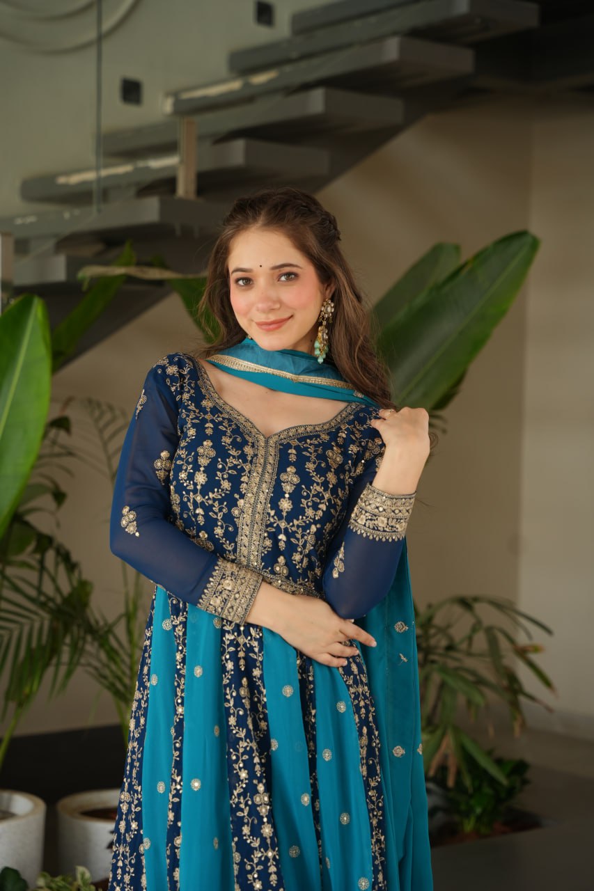Luxury Faux Looming Rama Gown with Zari & Sequins Embroidery and Matching Dupatta – Kali Pattern Stitching