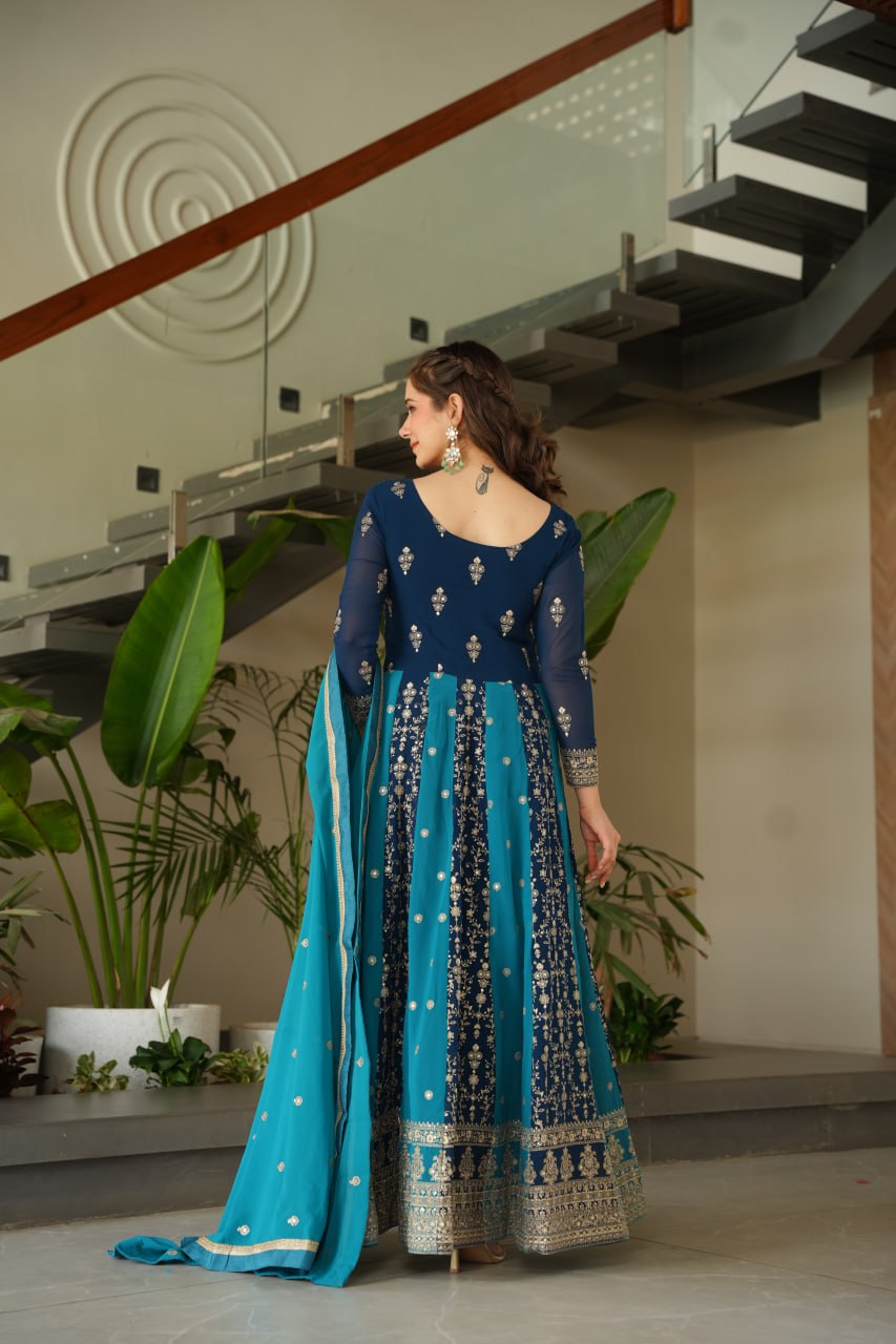 Luxury Faux Looming Rama Gown with Zari & Sequins Embroidery and Matching Dupatta – Kali Pattern Stitching
