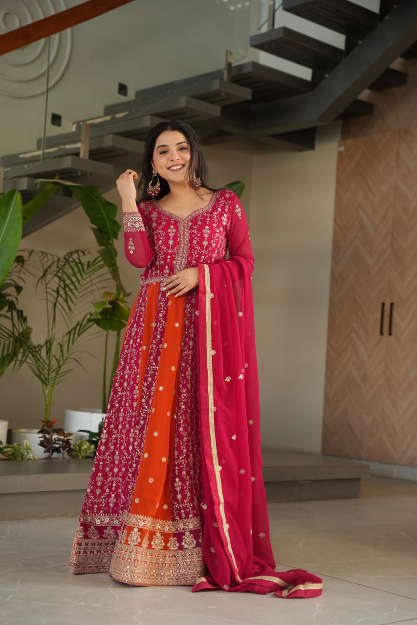 Luxury Faux Looming Pink Gown with Zari & Sequins Embroidery and Matching Dupatta – Kali Pattern Stitching