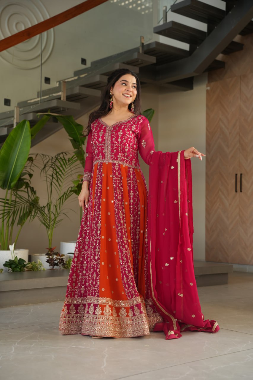 Luxury Faux Looming Pink Gown with Zari & Sequins Embroidery and Matching Dupatta – Kali Pattern Stitching