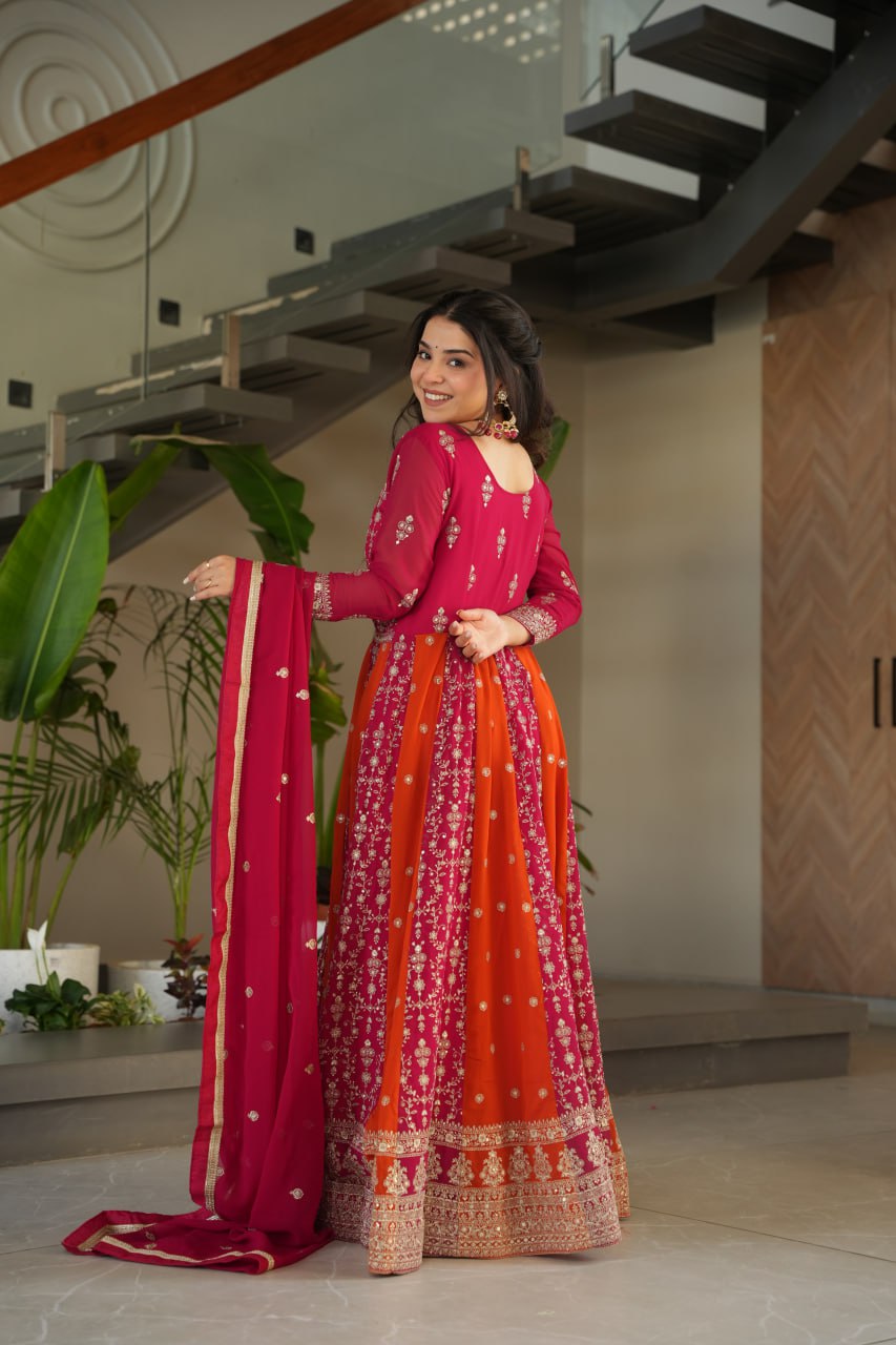 Luxury Faux Looming Pink Gown with Zari & Sequins Embroidery and Matching Dupatta – Kali Pattern Stitching