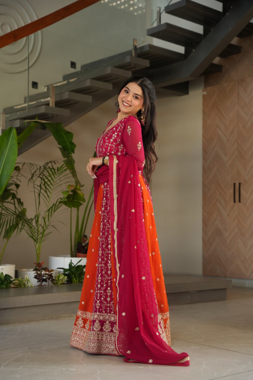 Luxury Faux Looming Pink Gown with Zari & Sequins Embroidery and Matching Dupatta – Kali Pattern Stitching