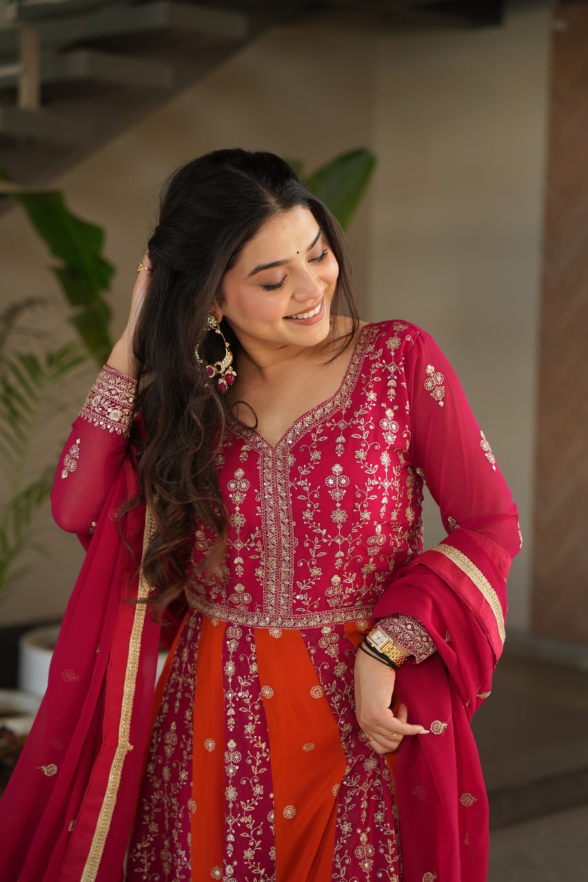 Luxury Faux Looming Pink Gown with Zari & Sequins Embroidery and Matching Dupatta – Kali Pattern Stitching