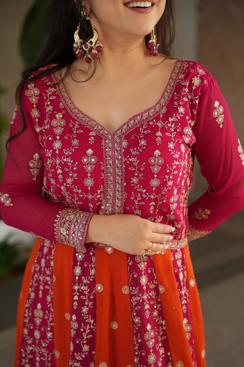 Luxury Faux Looming Pink Gown with Zari & Sequins Embroidery and Matching Dupatta – Kali Pattern Stitching