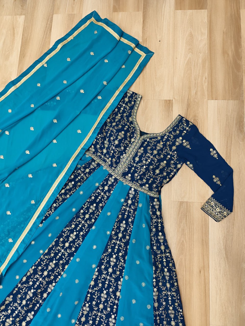 Luxury Faux Looming Rama Gown with Zari & Sequins Embroidery and Matching Dupatta – Kali Pattern Stitching