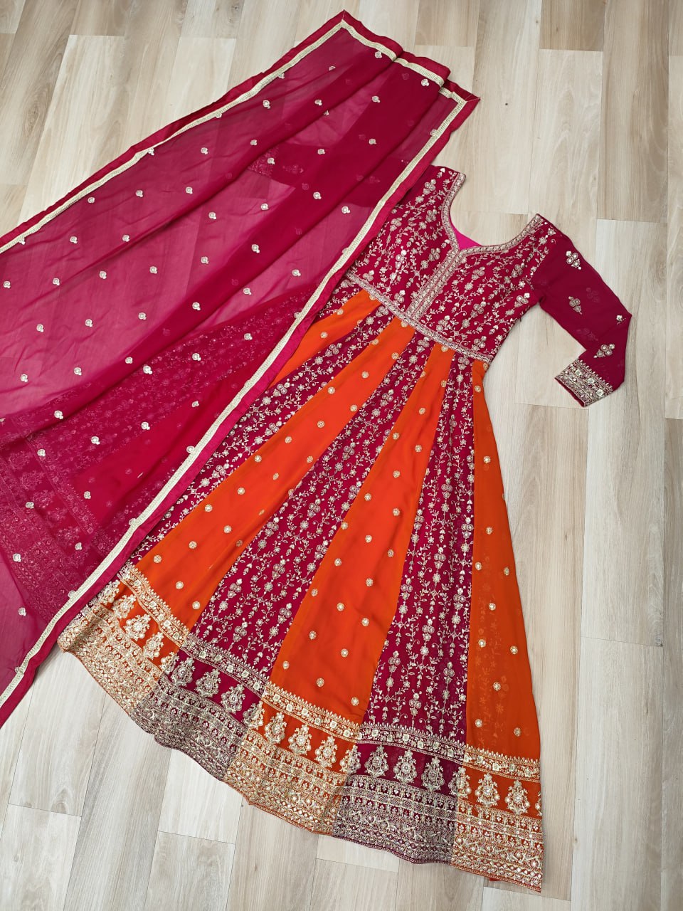Luxury Faux Looming Pink Gown with Zari & Sequins Embroidery and Matching Dupatta – Kali Pattern Stitching