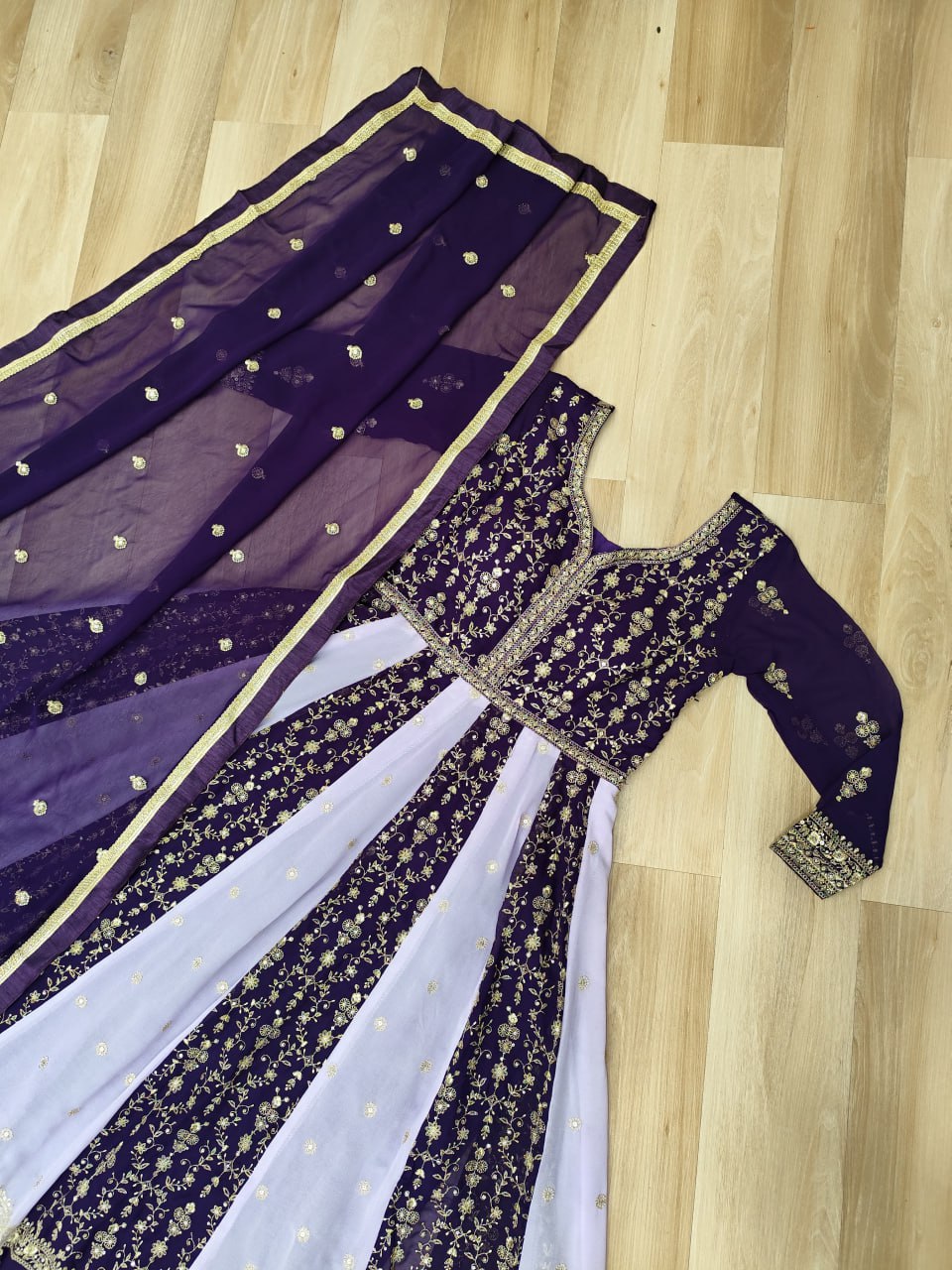 Luxury Faux Looming Wine Gown with Zari & Sequins Embroidery and Matching Dupatta – Kali Pattern Stitching
