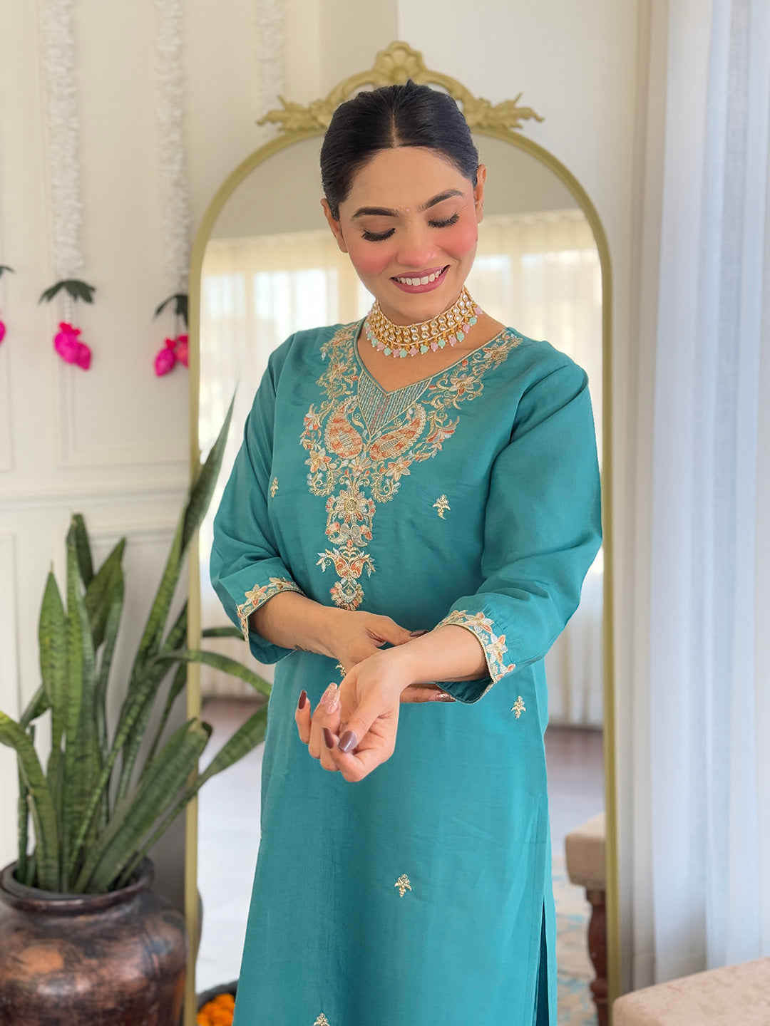 Women’s Teal Pure Viscose Chanderi Kurta Set with Sequin Embroidery Work