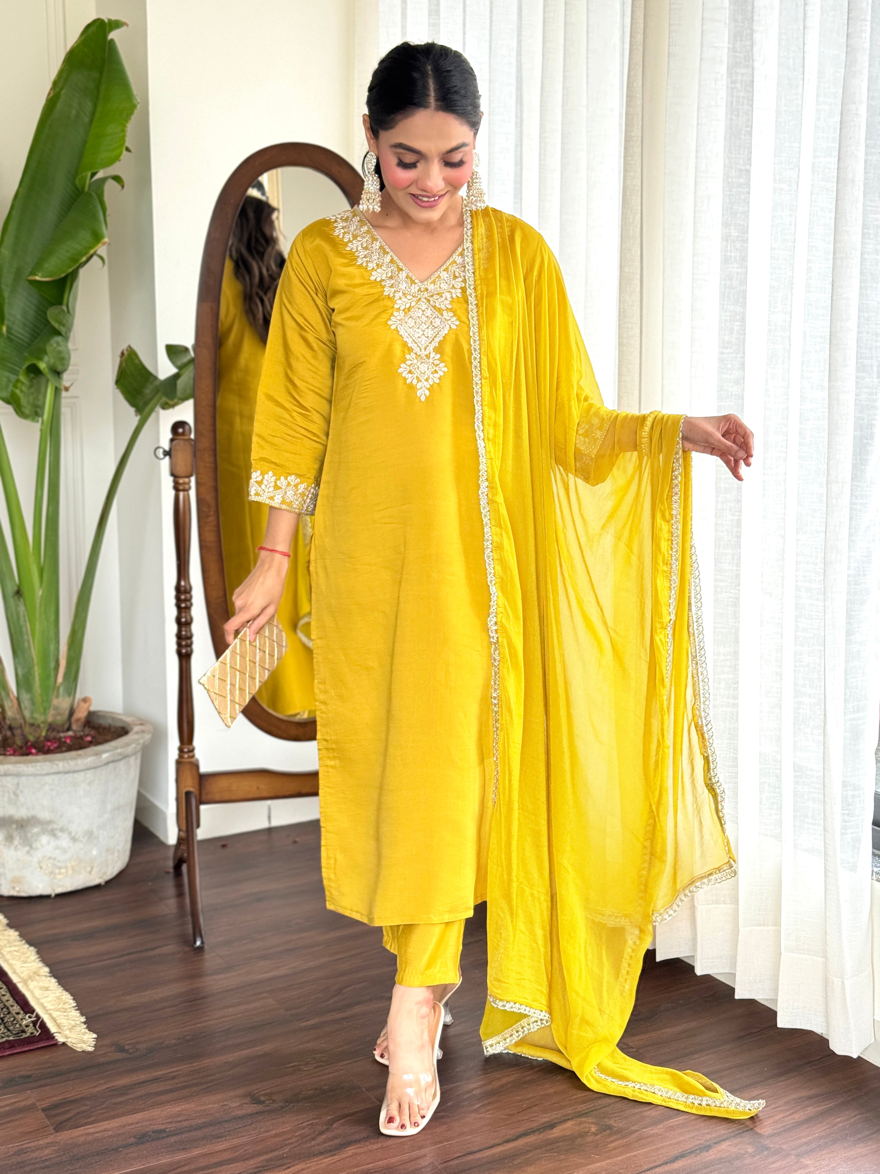Women’s Yellow Pure Viscose Chanderi Silk Kurta Set with Sequin & Coding Embroidery