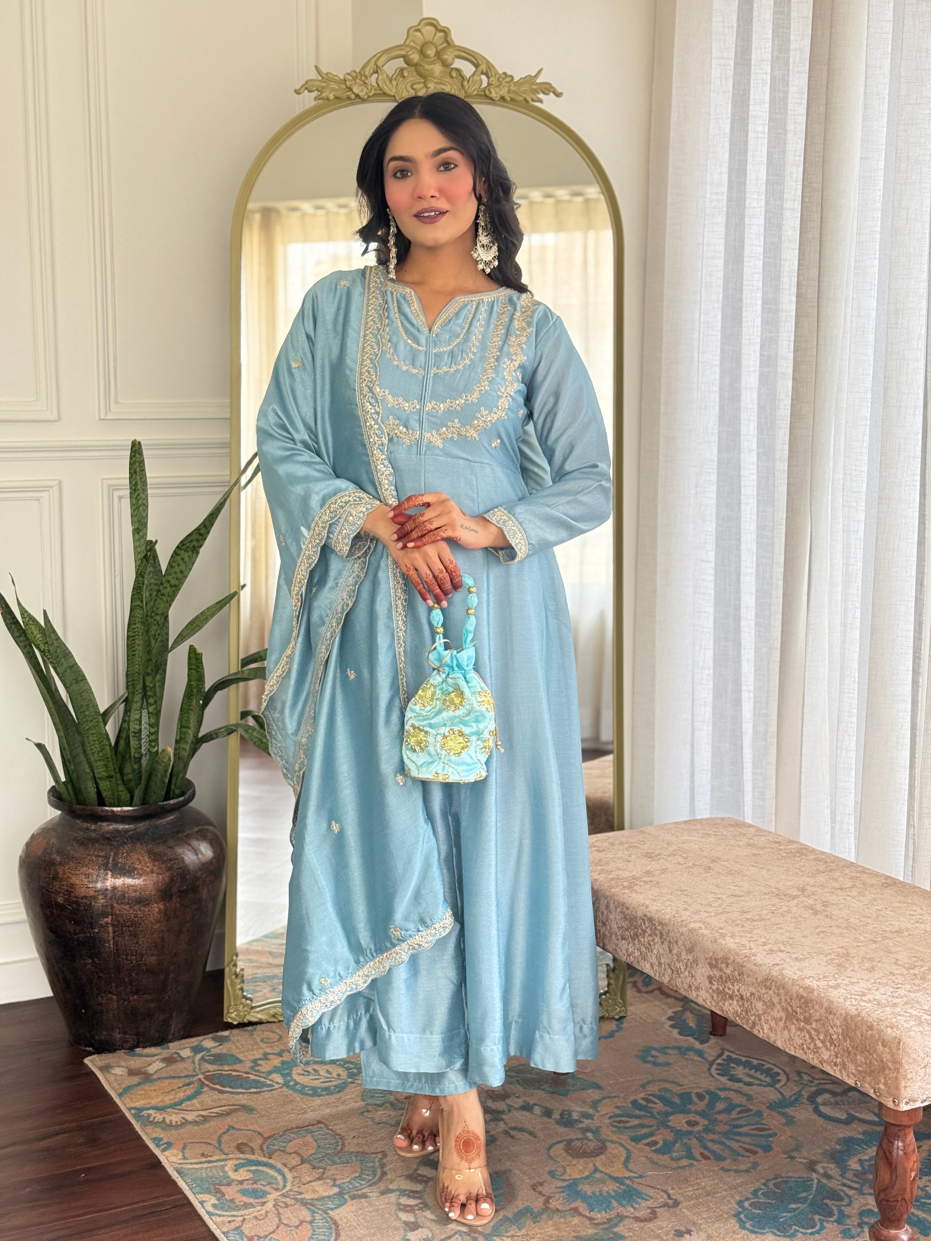 Women’s Sky Blue Vichitra Silk Kurta Set with Sequin & Coding Embroidery Work