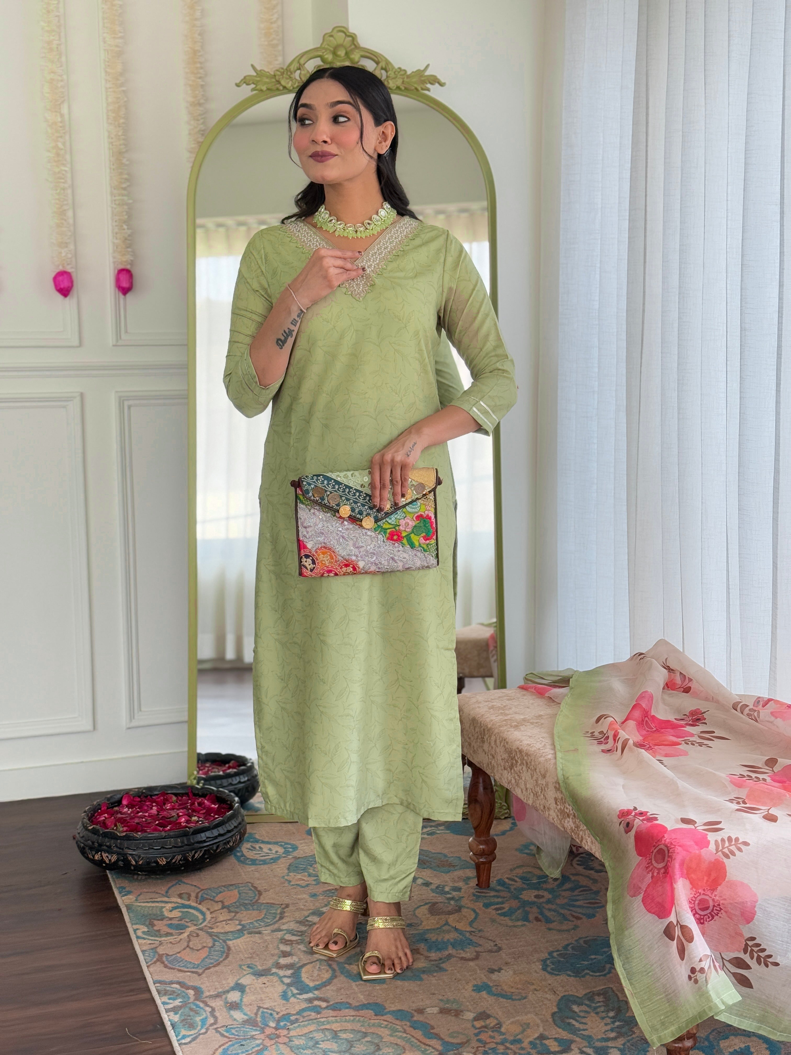 Pista Green Embroidered Rayon Kurti Set with Chanderi Dupatta – Sizes S to 2XL