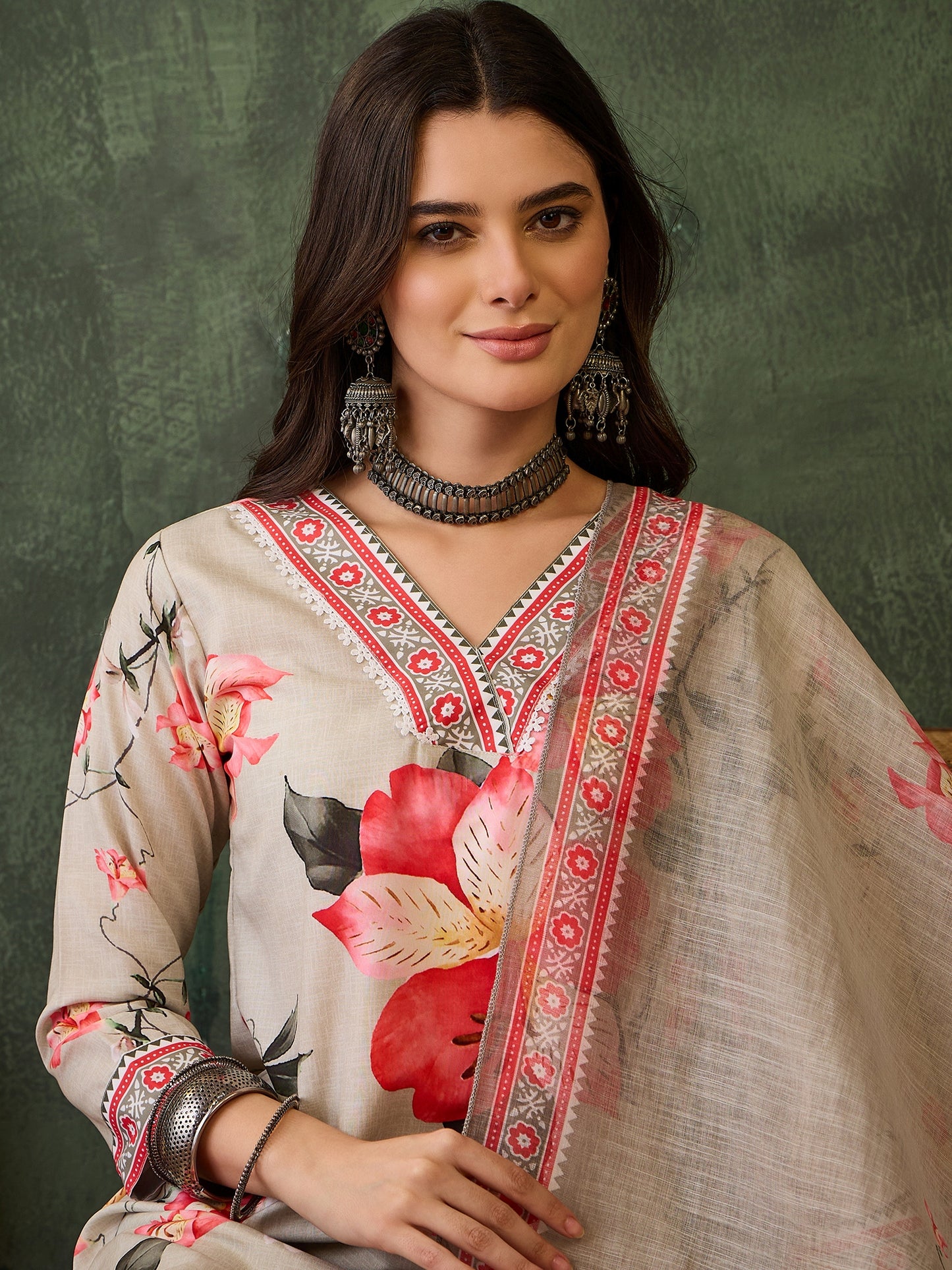 Cream Floral Printed Kurta Set with Dupatta