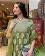 Women’s Green Ethnic Rayon Kurta Set with Embroidery & Printed Cotton Dupatta