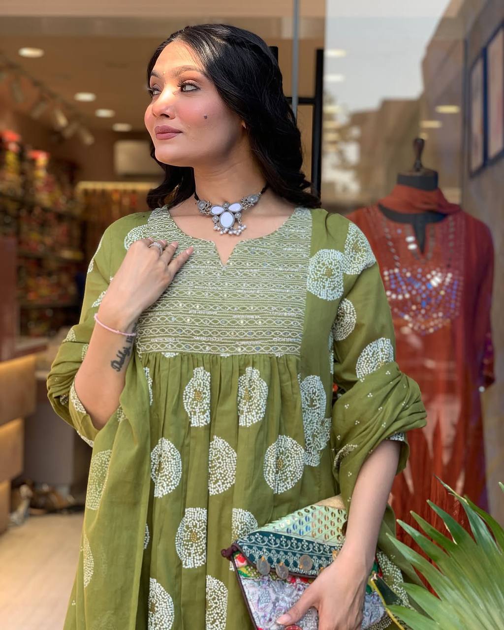Women’s Green Ethnic Rayon Kurta Set with Embroidery & Printed Cotton Dupatta