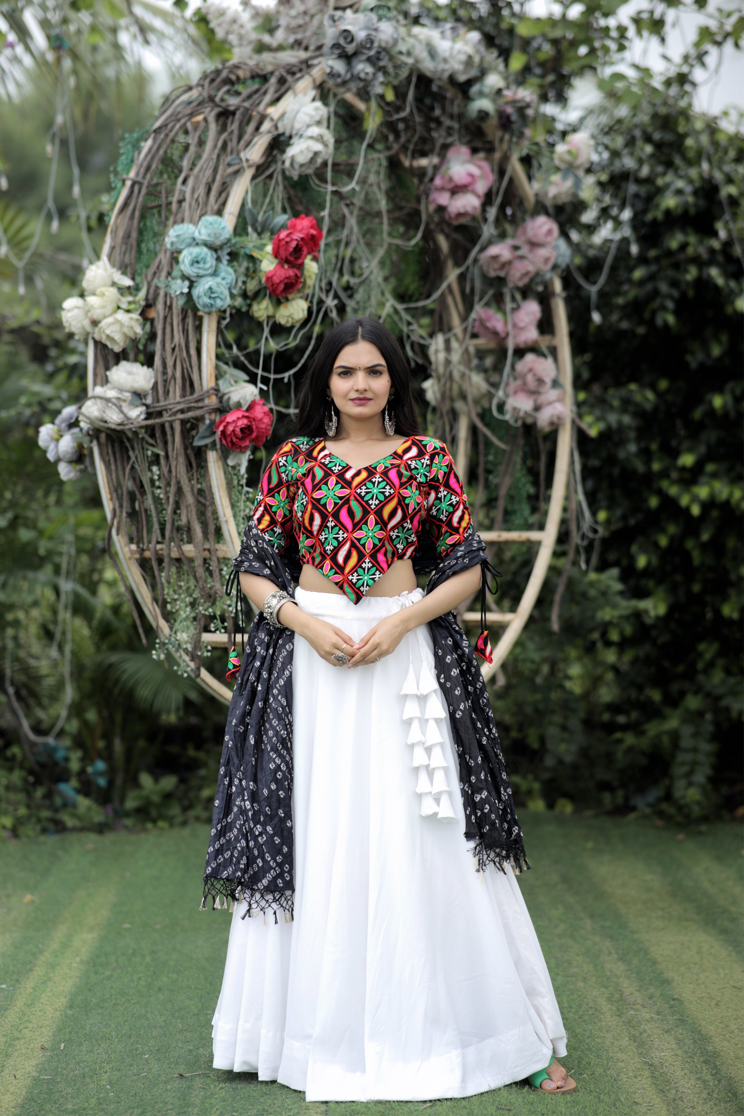 Premium Frolic Cotton White&Black Lehenga Choli Set with Embroidered Georgette Blouse & Bandhej Chinnon Dupatta | Full-Stitched | Size 38-44