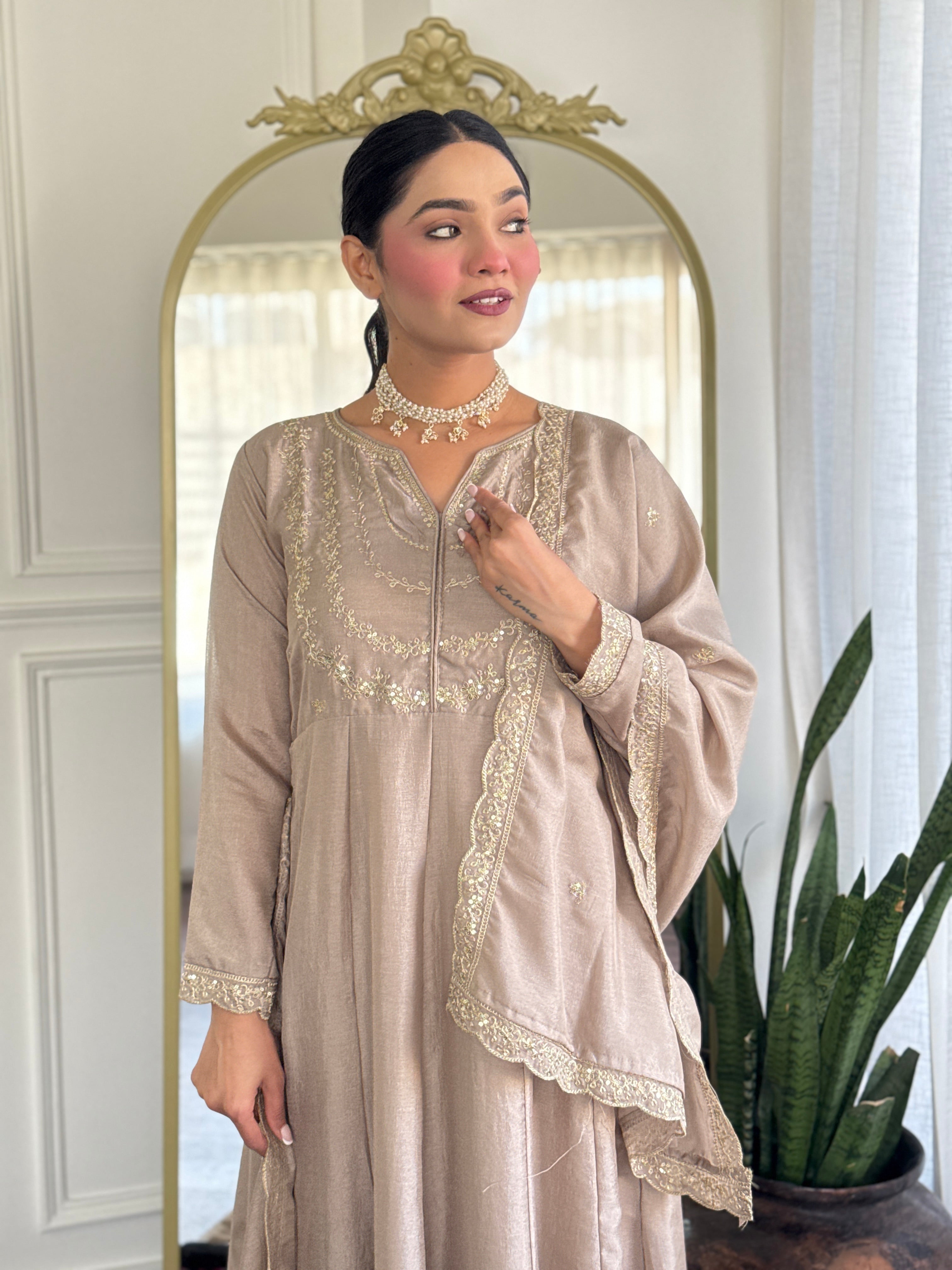 Women’s Cream Vichitra Silk Kurta Set with Sequin & Coding Embroidery Work
