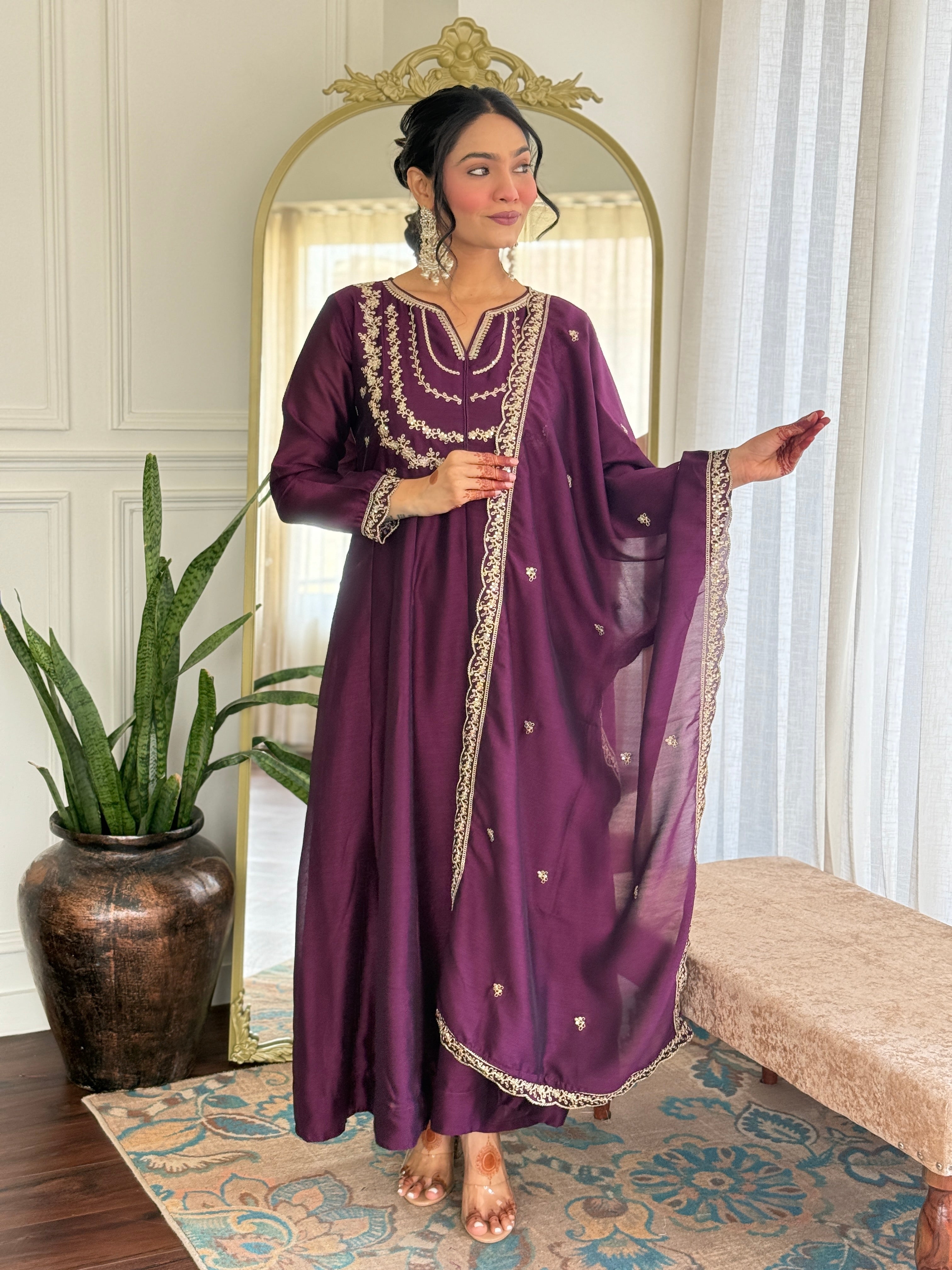 Women’s Purple Wine Vichitra Silk Kurta Set with Sequin & Coding Embroidery Work