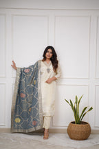 Women’s Off White Designer Chanderi Silk Kurta Set with Fine Embroidery