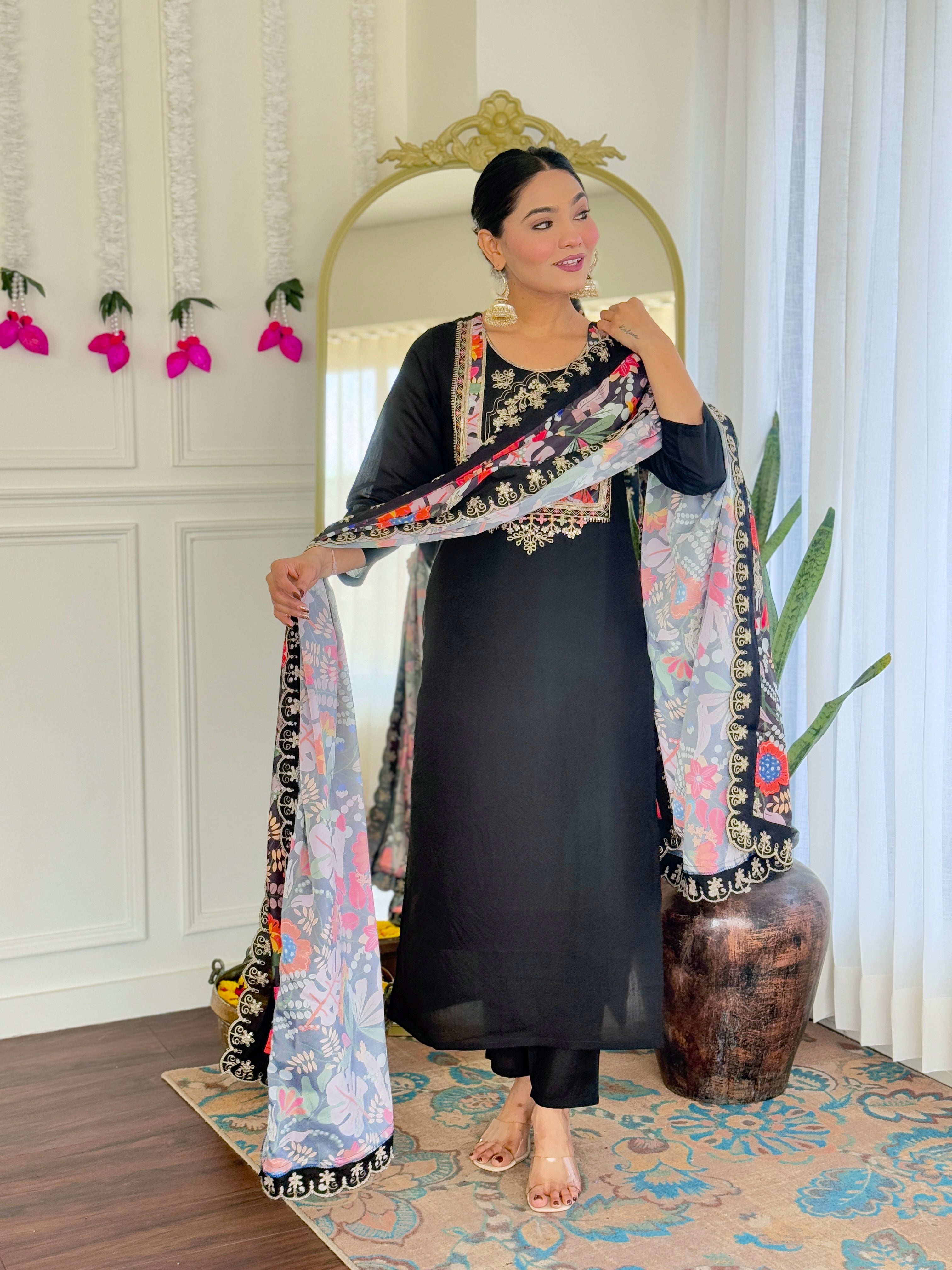 Women’s Black Pure Viscose Chanderi Kurta Set with Sequin & Coding Embroidery