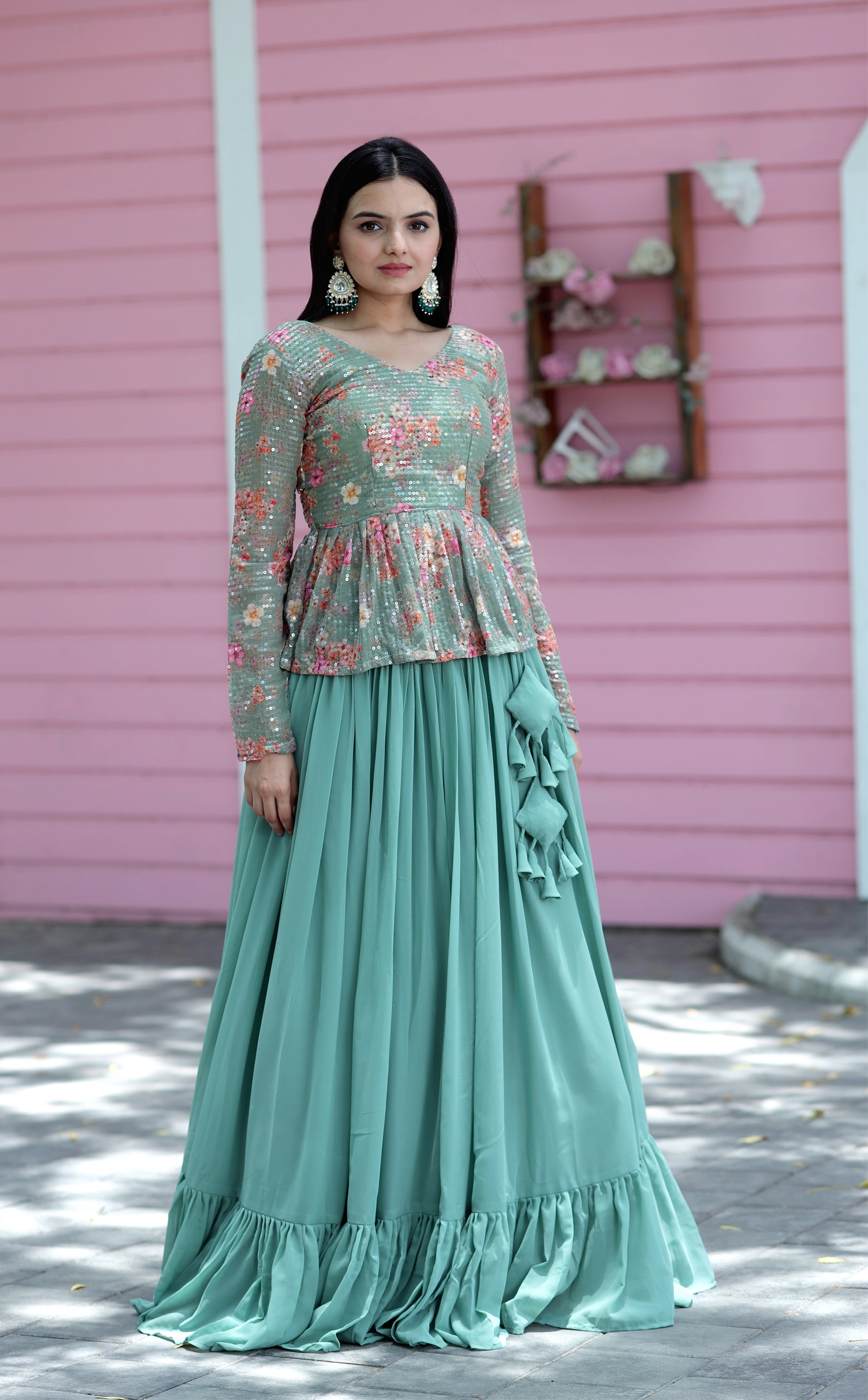 Stylish Faux Georgette Teal Lehenga with Floral Embroidered Peplum Blouse – Full Stitched Set (Adjustable Size 38"–44") | 5.5 Mtr Flair