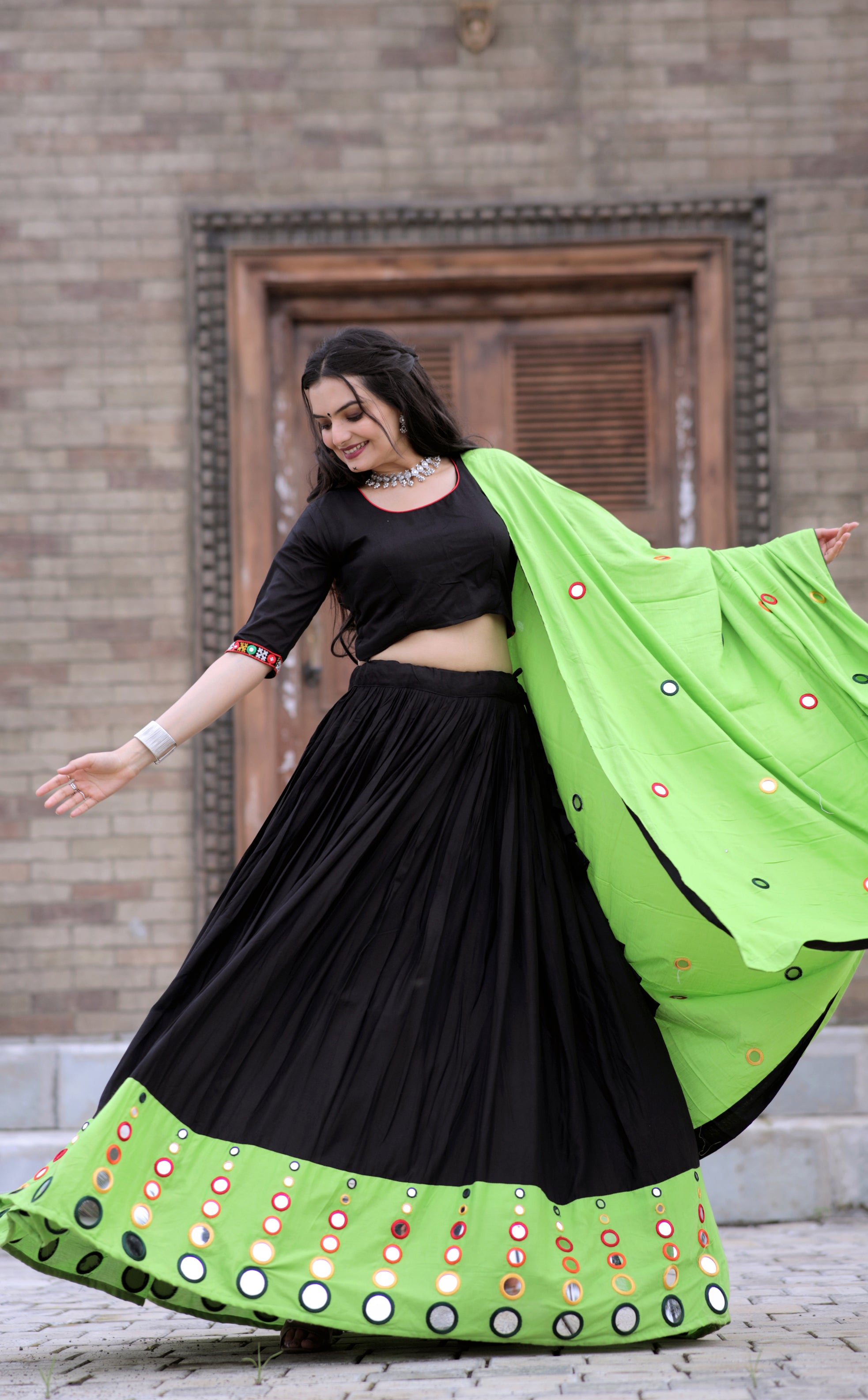 Black Reyon Mirror Work Lehenga Choli Set | Full-Stitched Lehenga & Blouse with Dupatta