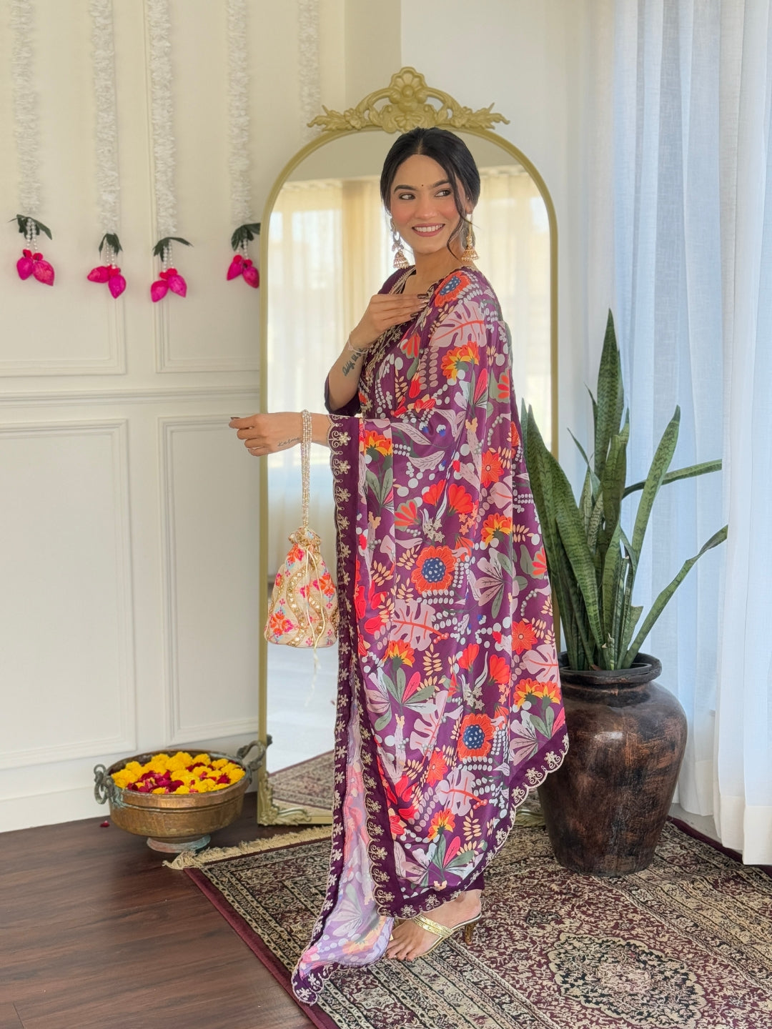 Women’s Purple Pure Viscose Chanderi Kurta Set with Sequin & Coding Embroidery