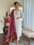 Women’s White Viscose Chanderi Kurta Set with Sequin & Coding Embroidery Work