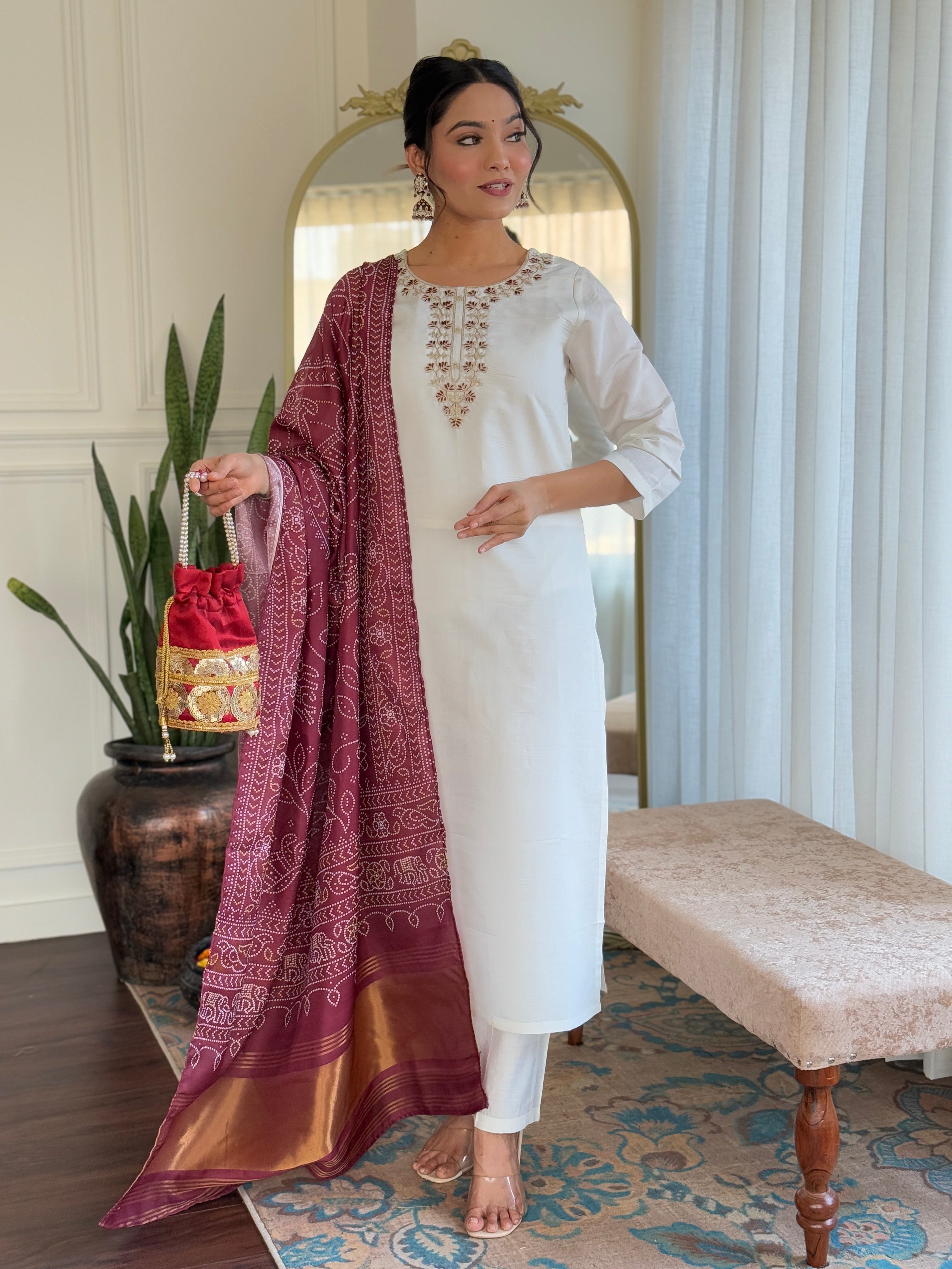 Women’s White Viscose Chanderi Kurta Set with Sequin & Coding Embroidery Work