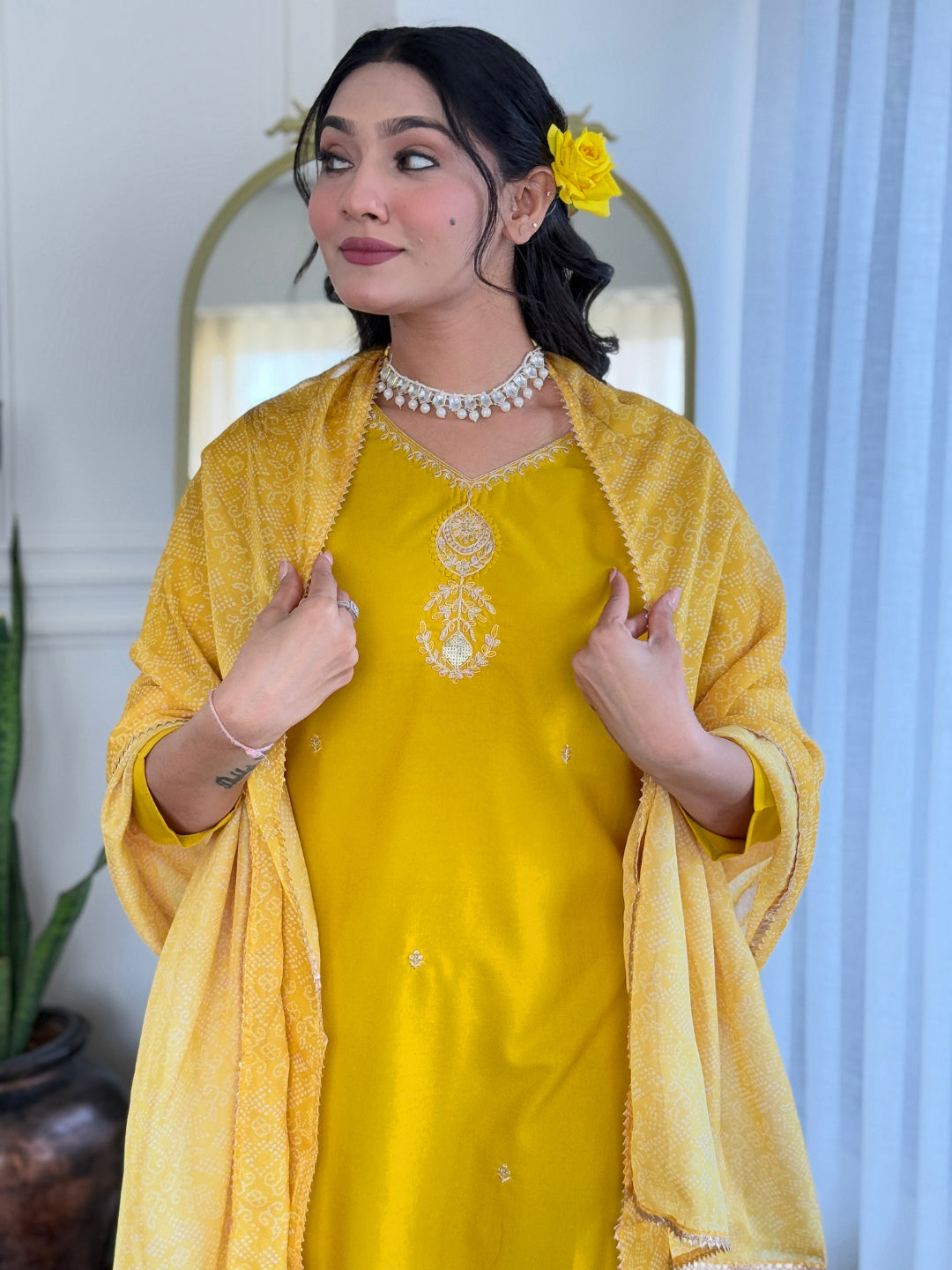 Elegant Yellow Embroidered Rayon Kurti Set with Dupatta – Sizes S to 2XL
