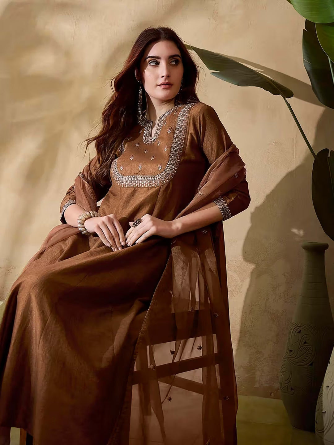 Women’s Brown Pure Vichitra Silk Kurta Set with Sequin Embroidery Work