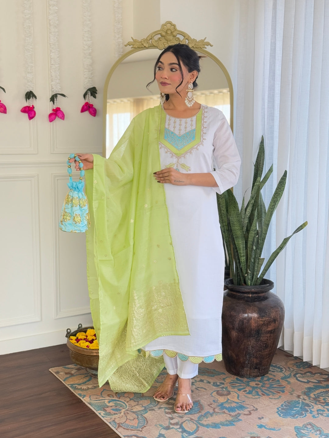 Women’s White Pure Viscose Chanderi Kurta Set with Sequin & Coding Embroidery