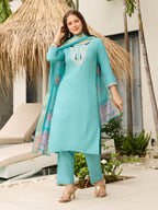 Elegant Sky Blue Embroidered Viscose Kurti Set with Organza Dupatta – Sizes S to 2XL