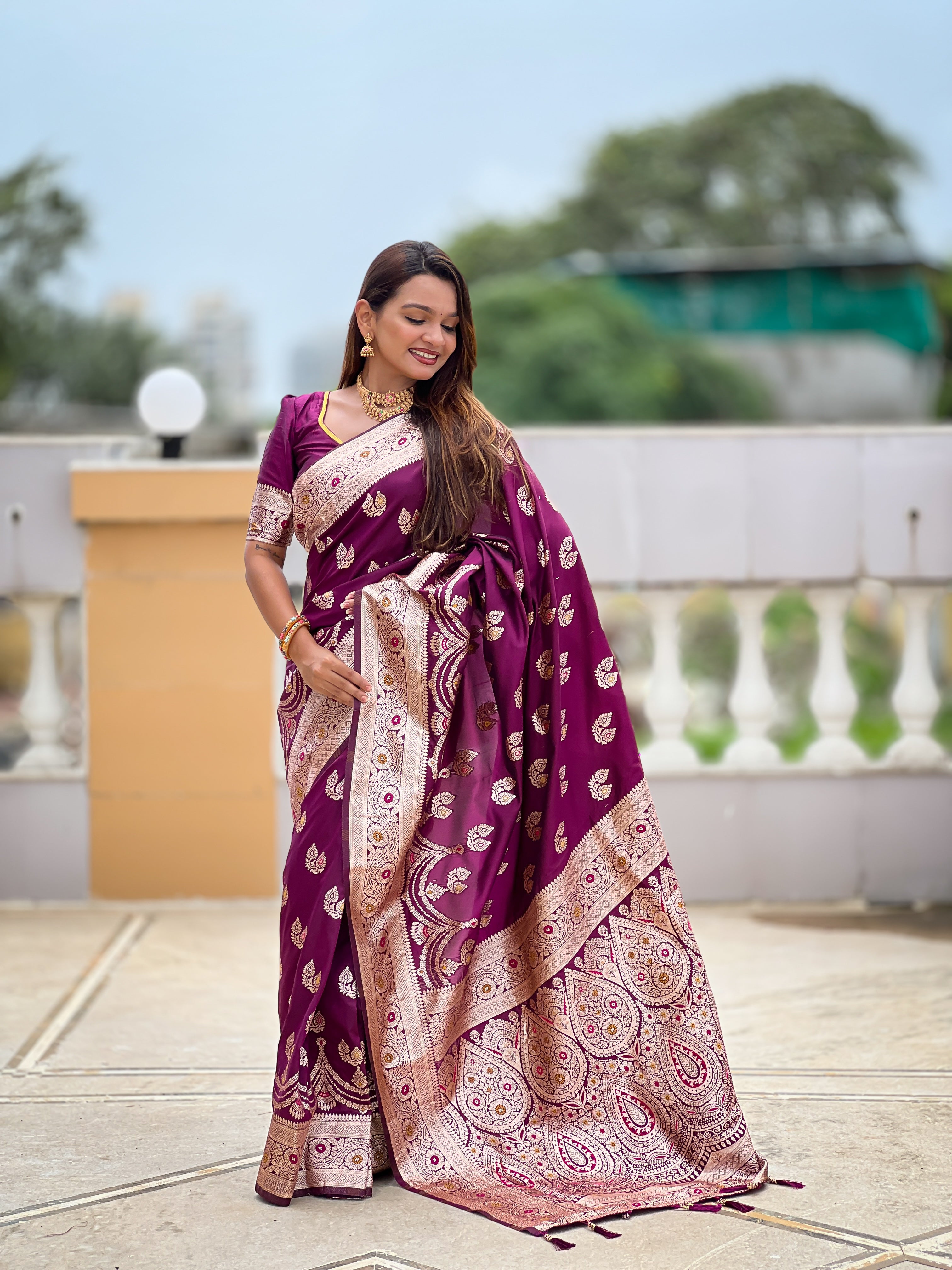 Wine Soft Banarasi Silk Saree with Meenakari Zari Work & Rich Pallu Design