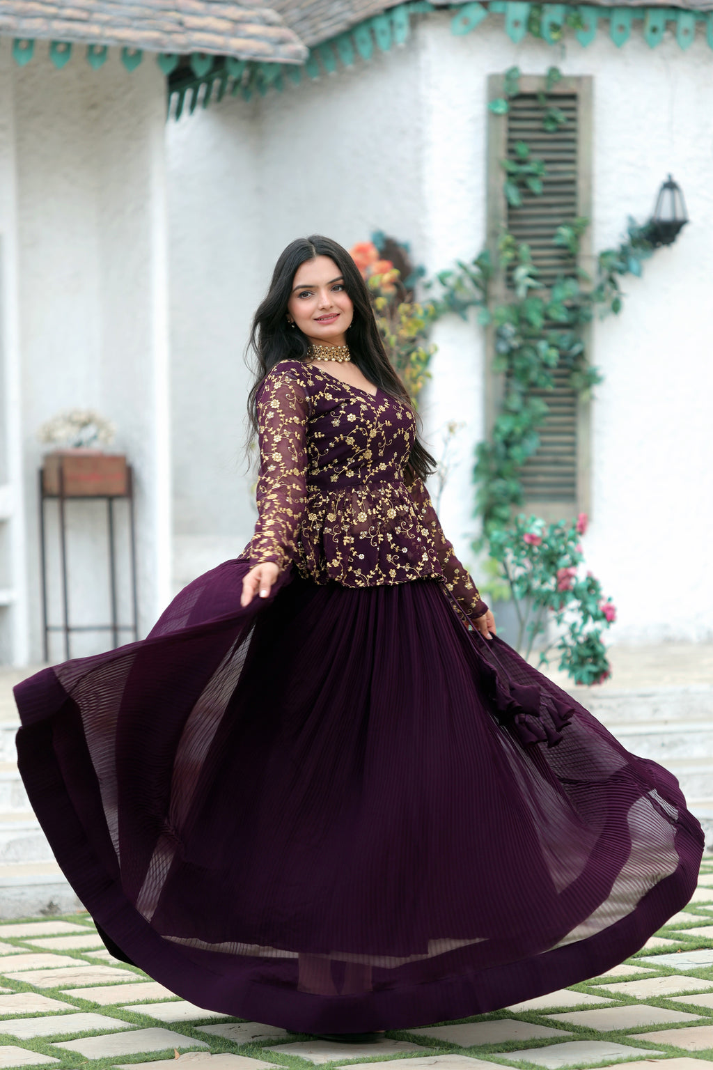Elegant Faux Blooming Pleated Lehenga with Embroidered Peplum Blouse – Full Stitched Set (Adjustable Size 38"–44") | 5 Mtr Flair