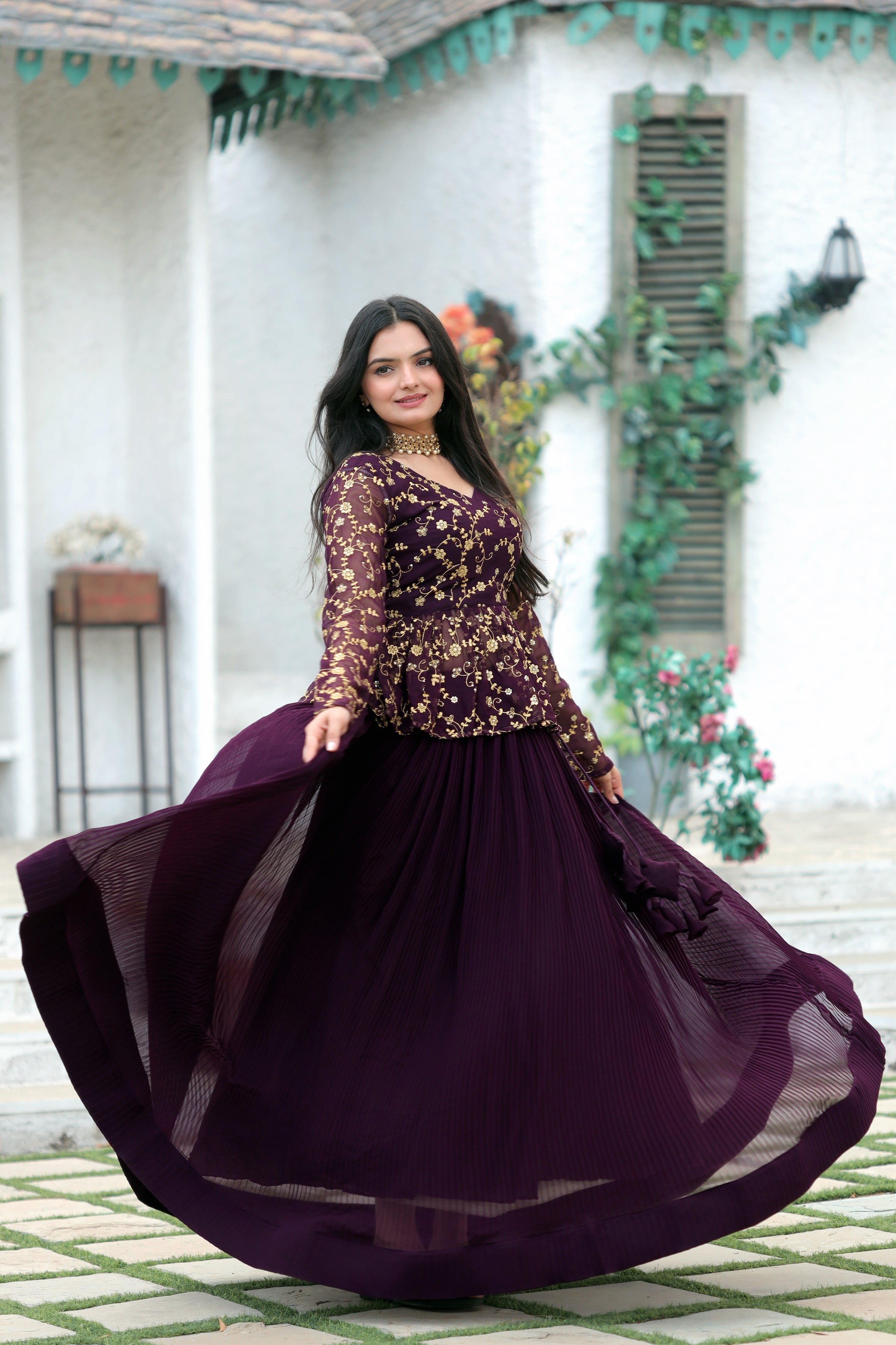 Elegant Faux Blooming Pleated Lehenga with Embroidered Peplum Blouse – Full Stitched Set (Adjustable Size 38"–44") | 5 Mtr Flair