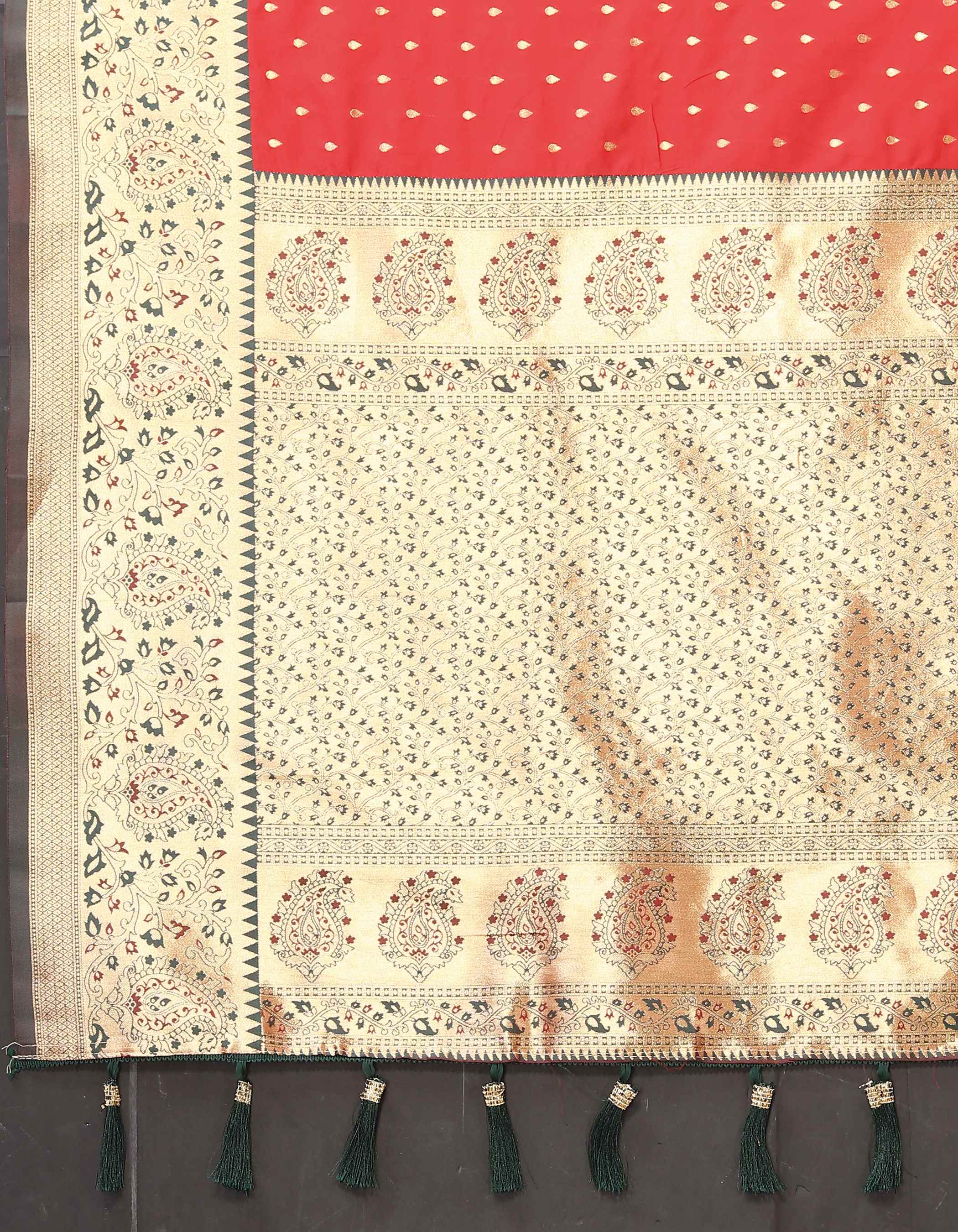 Red Soft Silk Saree with All-Over Zari Motifs, Contrast Rich Pallu & Brocade Blouse