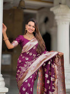 Wine Soft Banarasi Silk Saree with Meenakari Zari Work & Rich Pallu Design