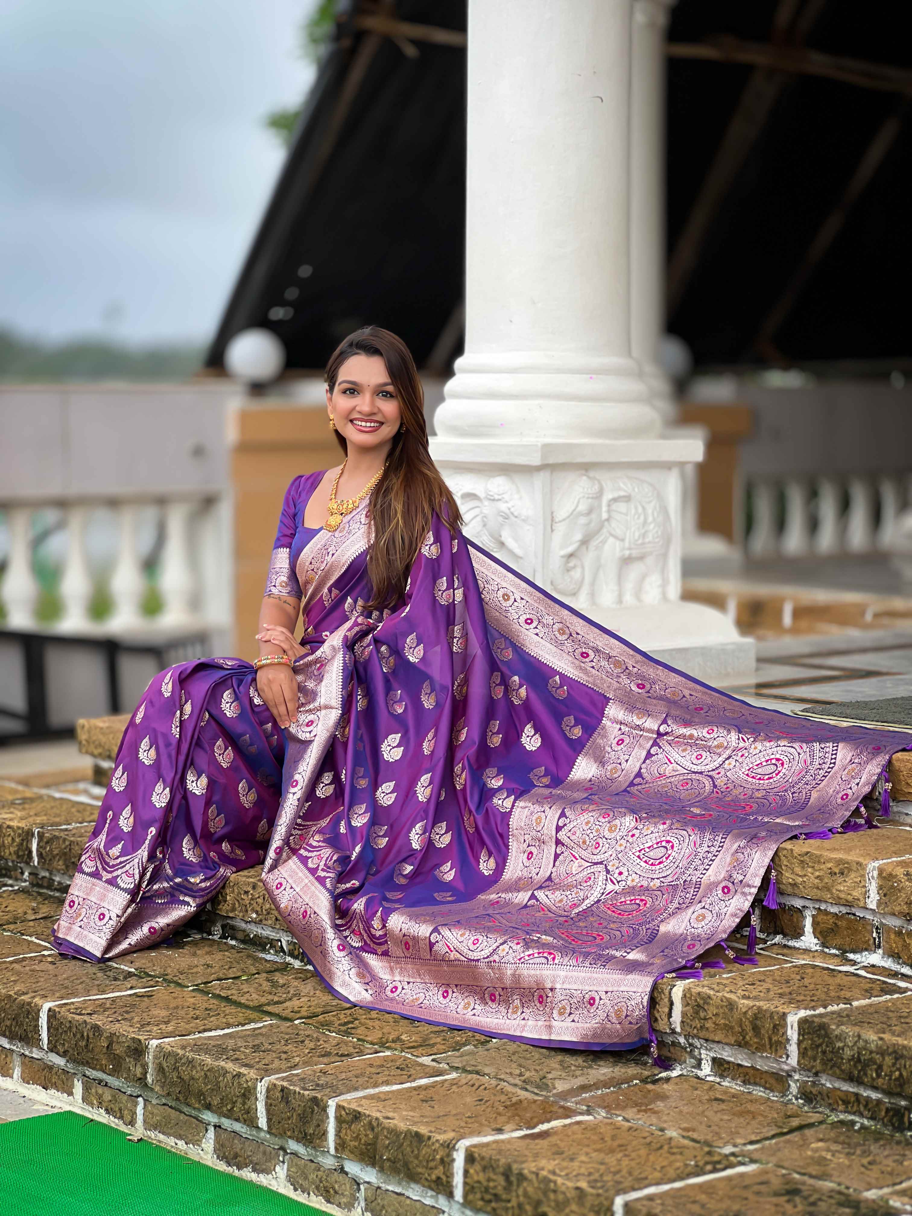 Purple Soft Banarasi Silk Saree with Meenakari Zari Work & Rich Pallu Design