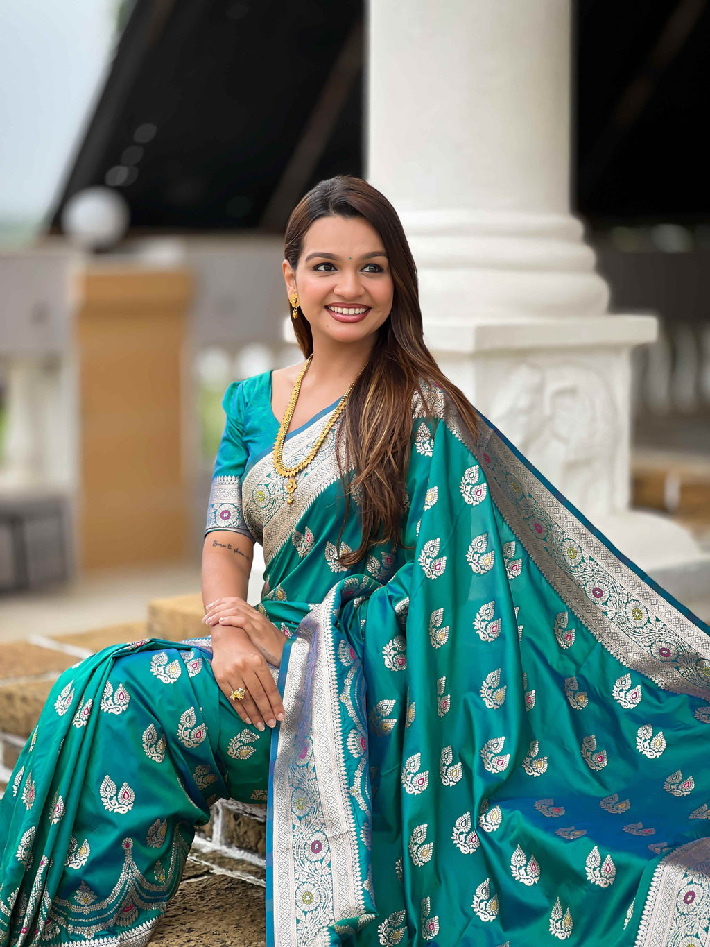 Sky Blue Soft Banarasi Silk Saree with Meenakari Zari Work & Rich Pallu Design