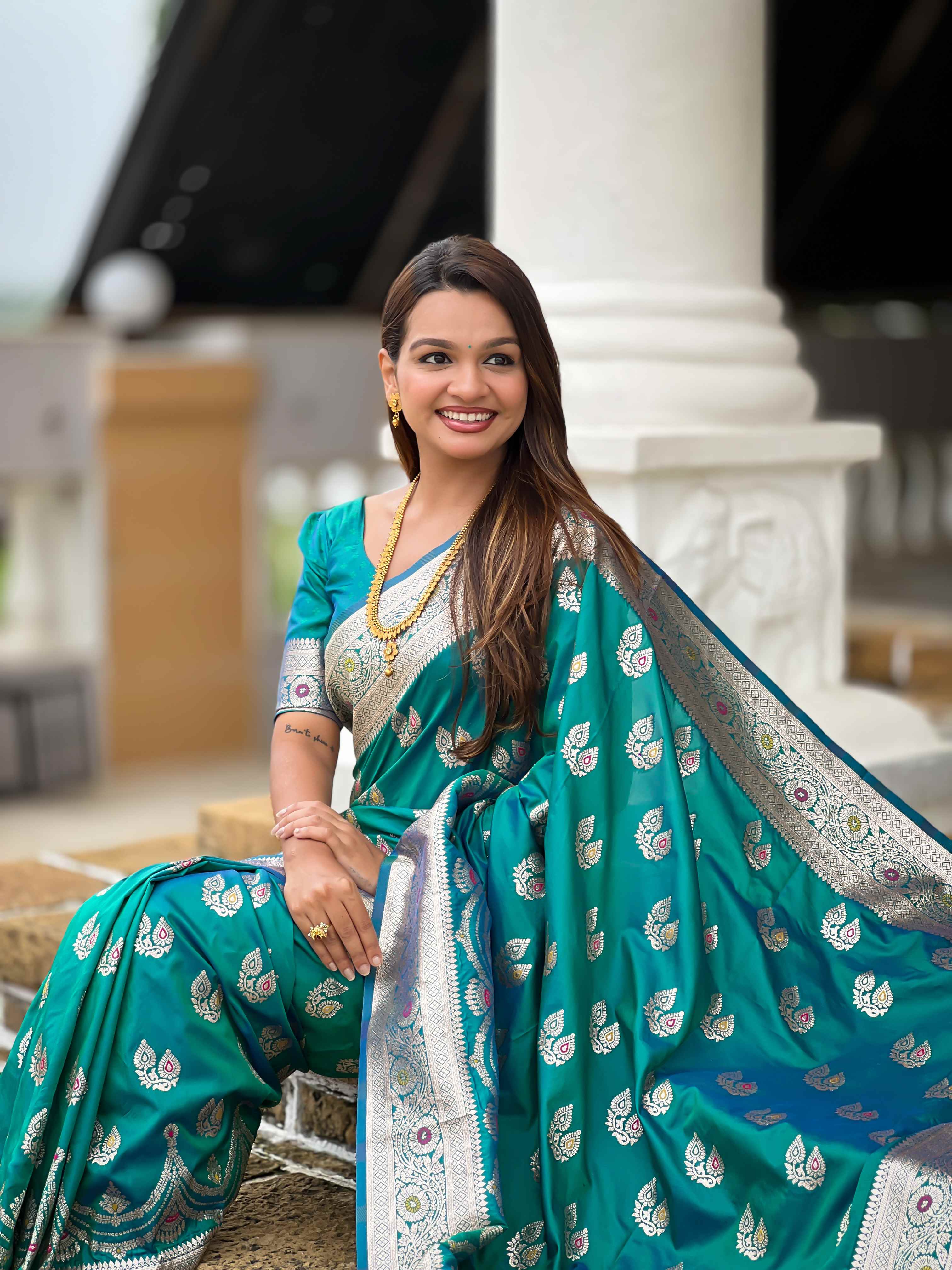 Sky Blue Soft Banarasi Silk Saree with Meenakari Zari Work & Rich Pallu Design
