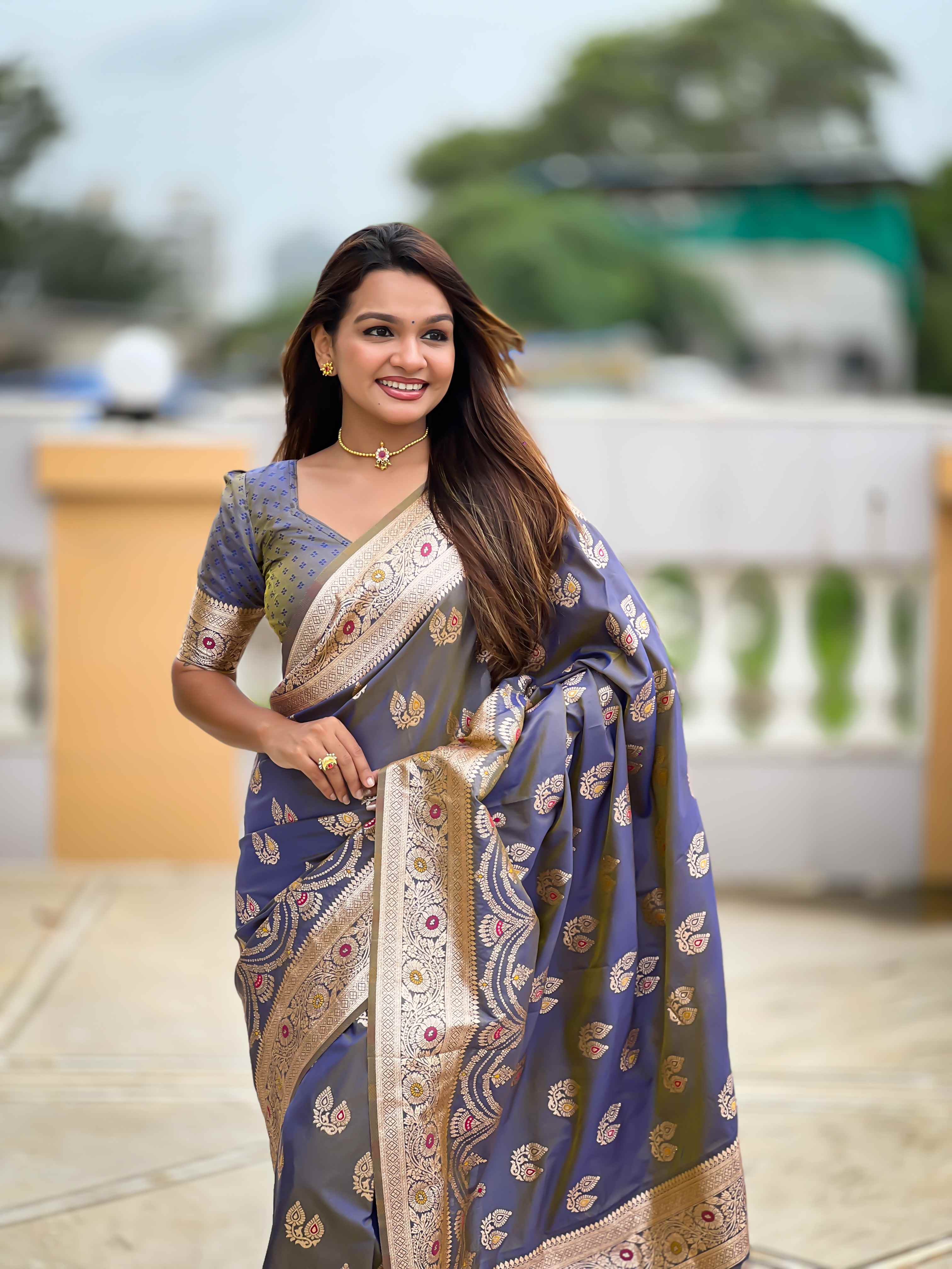Grey Soft Banarasi Silk Saree with Meenakari Zari Work & Rich Pallu Design