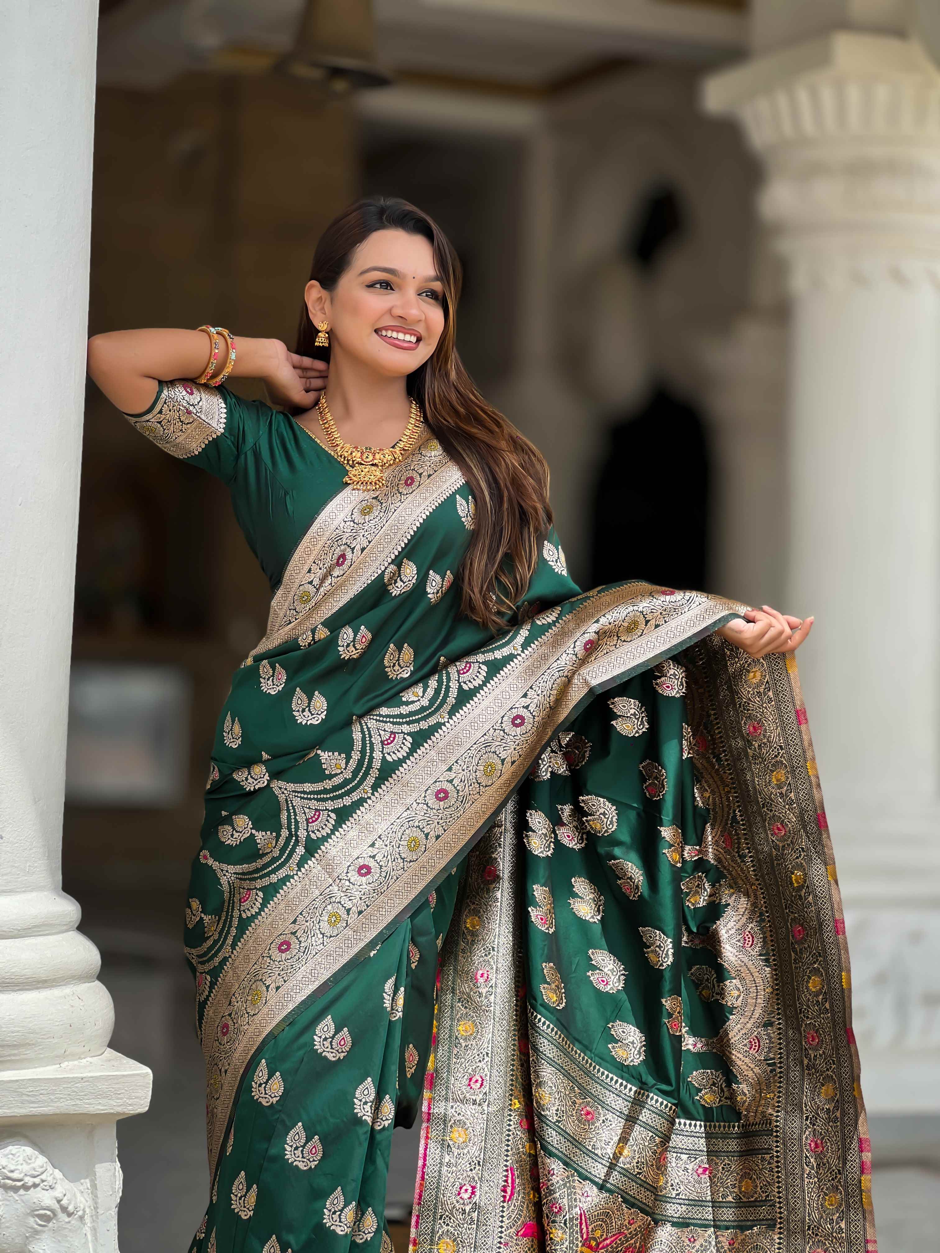 Green Soft Banarasi Silk Saree with Meenakari Zari Work & Rich Pallu Design