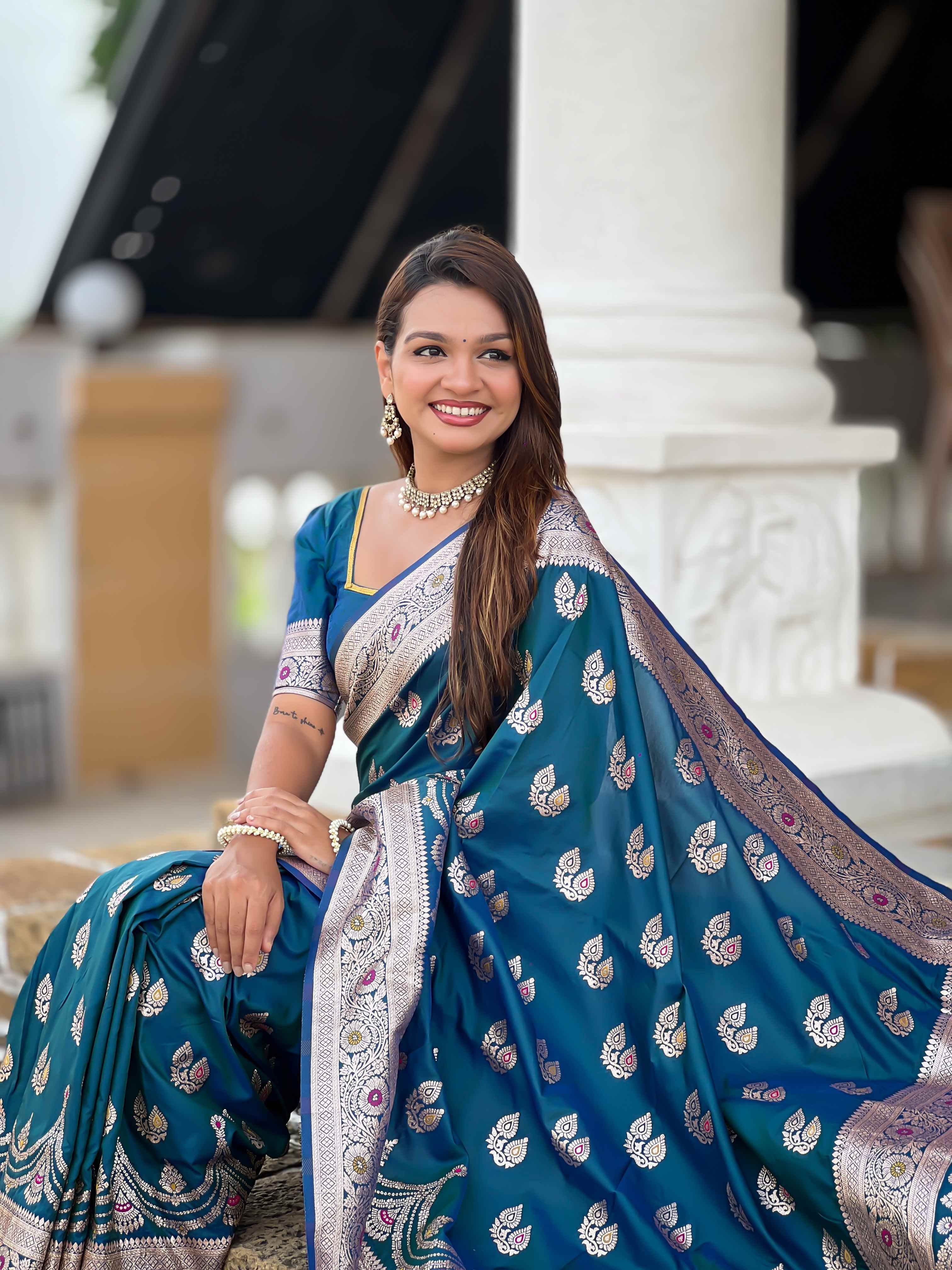 Blue Soft Banarasi Silk Saree with Meenakari Zari Work & Rich Pallu Design
