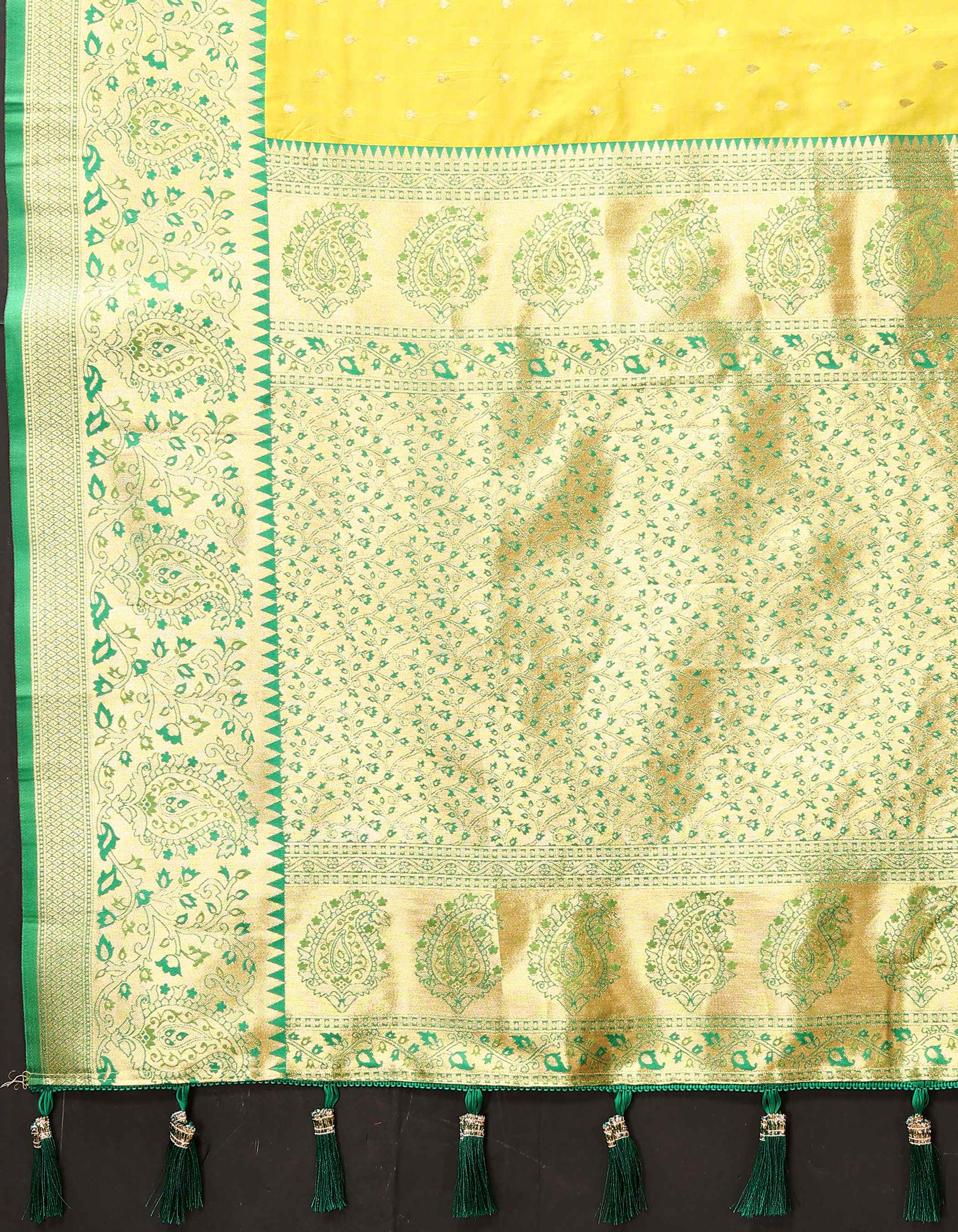 Lemon Yellow Soft Silk Saree with All-Over Zari Motifs, Contrast Rich Pallu & Brocade Blouse