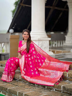 Pink Soft Banarasi Silk Saree with Meenakari Zari Work & Rich Pallu Design