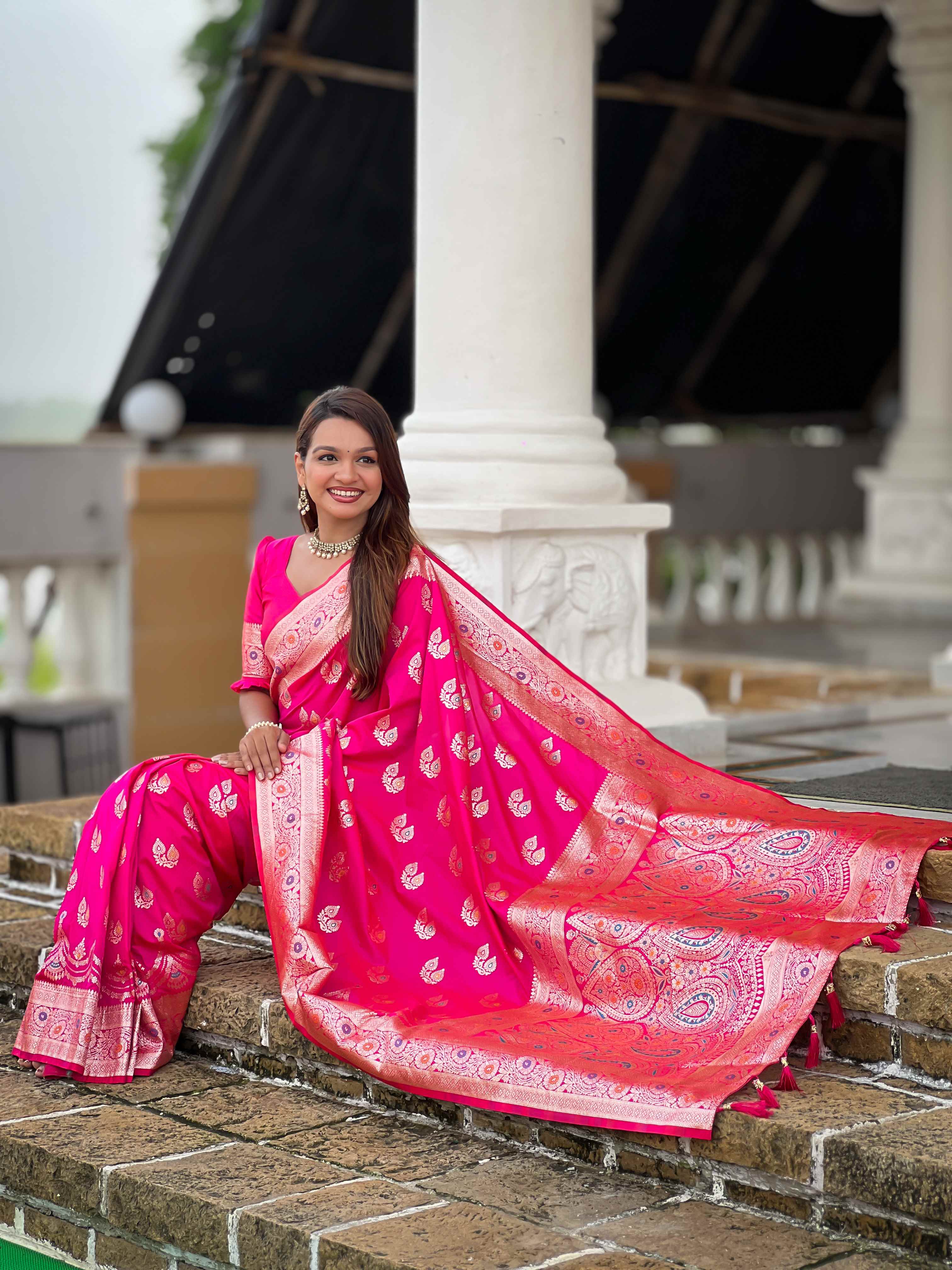 Pink Soft Banarasi Silk Saree with Meenakari Zari Work & Rich Pallu Design