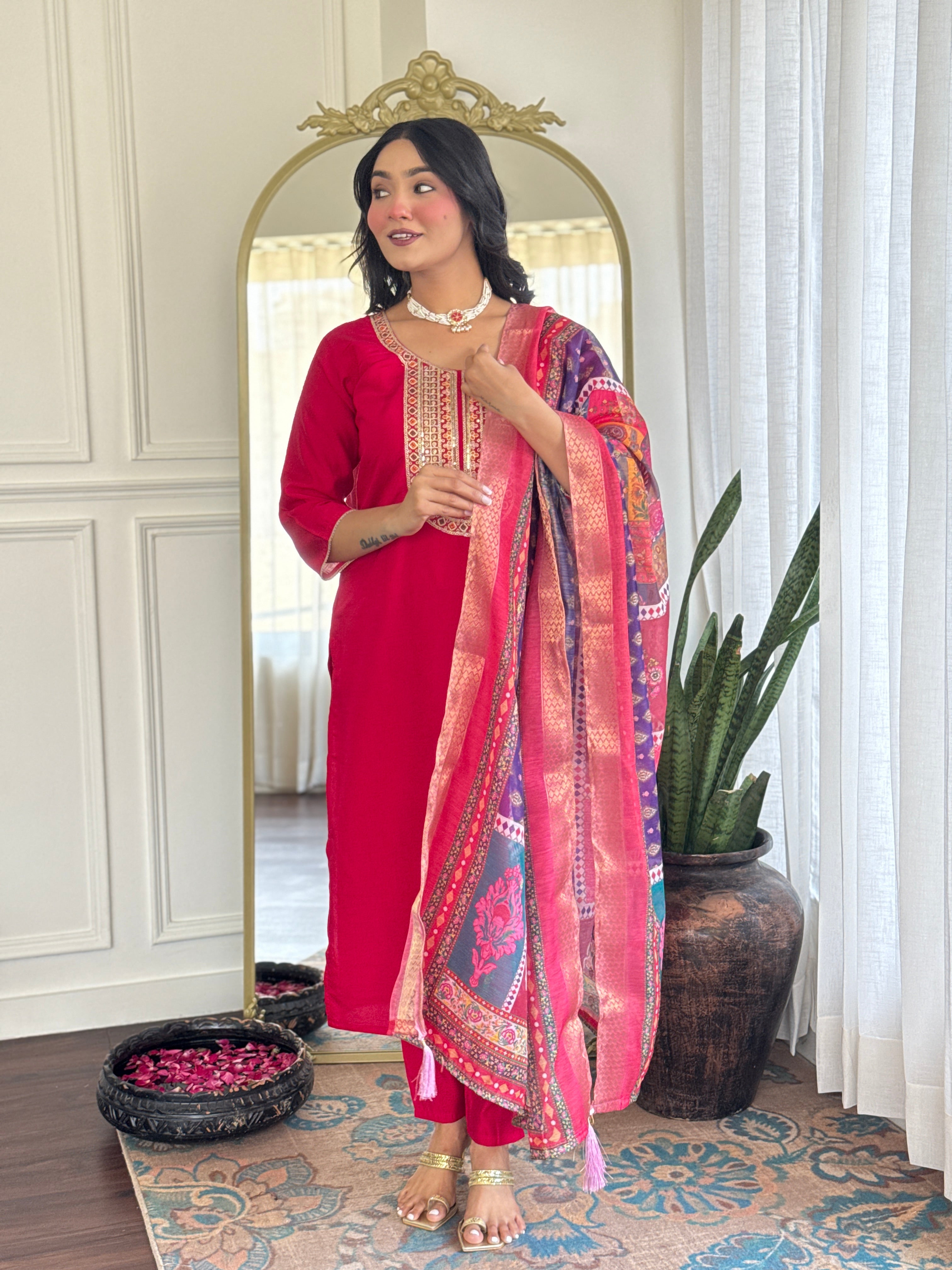 Women’s Rani Pink Festive Pure Viscose Chanderi Silk Set with Glamorous Sequin Embroidery